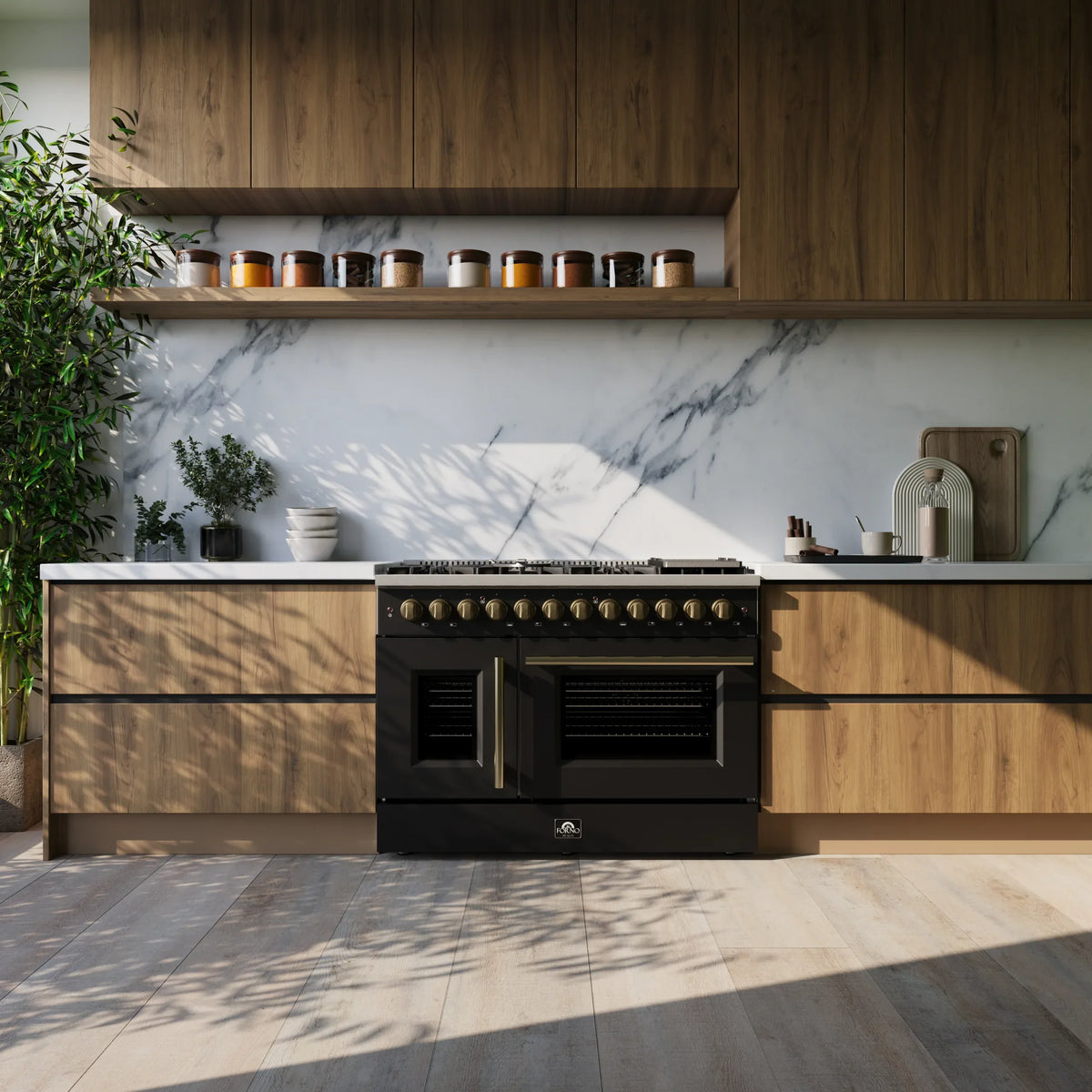 Forno Galiano 48-Inch French Door Dual Fuel Range with 8 Burners and 6.58 Cu. Ft. Electric Convection Oven in Black with Antique Brass Trim shown in a styled kitchen