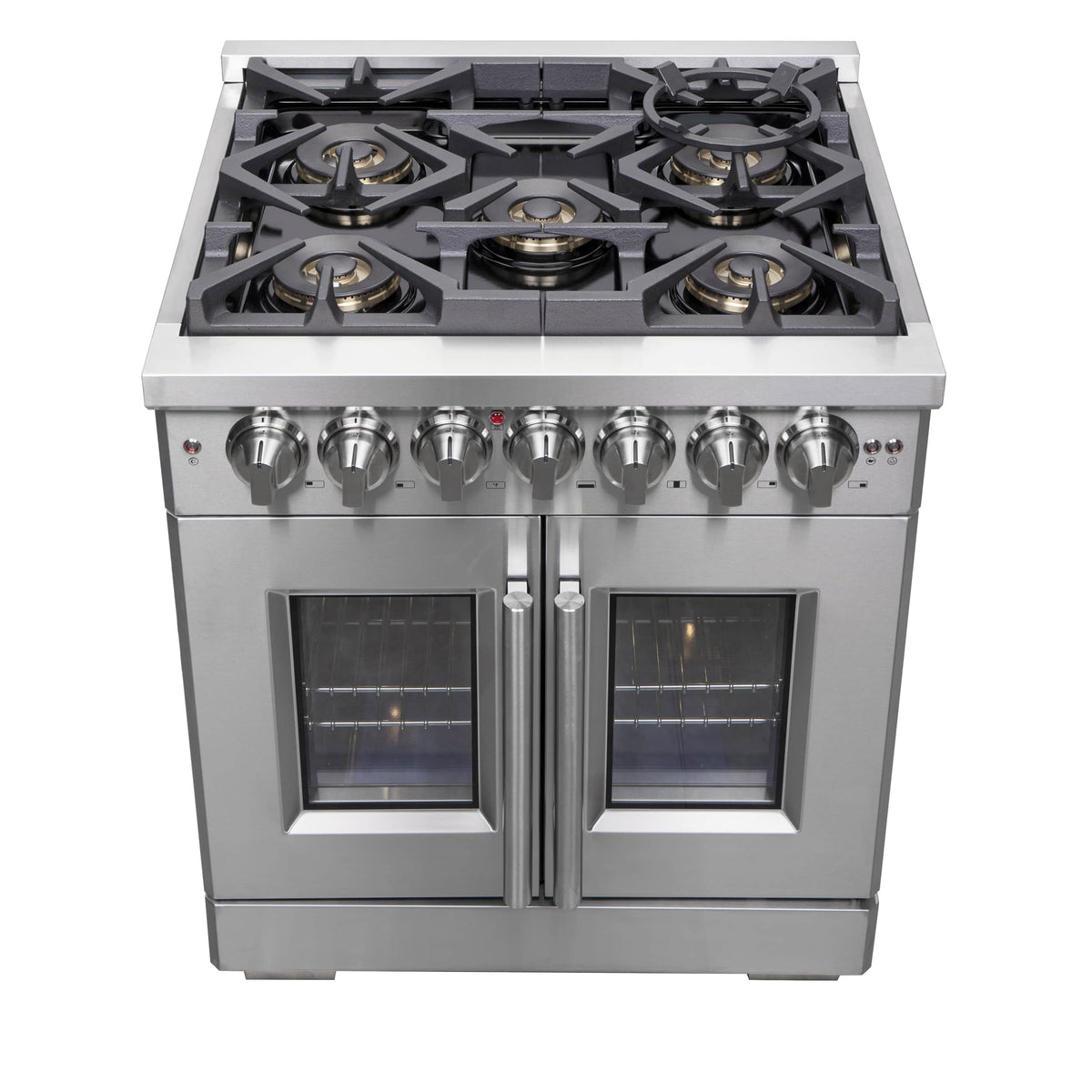 Stainless steel dual fuel range with 5 gas burners and French door electric oven