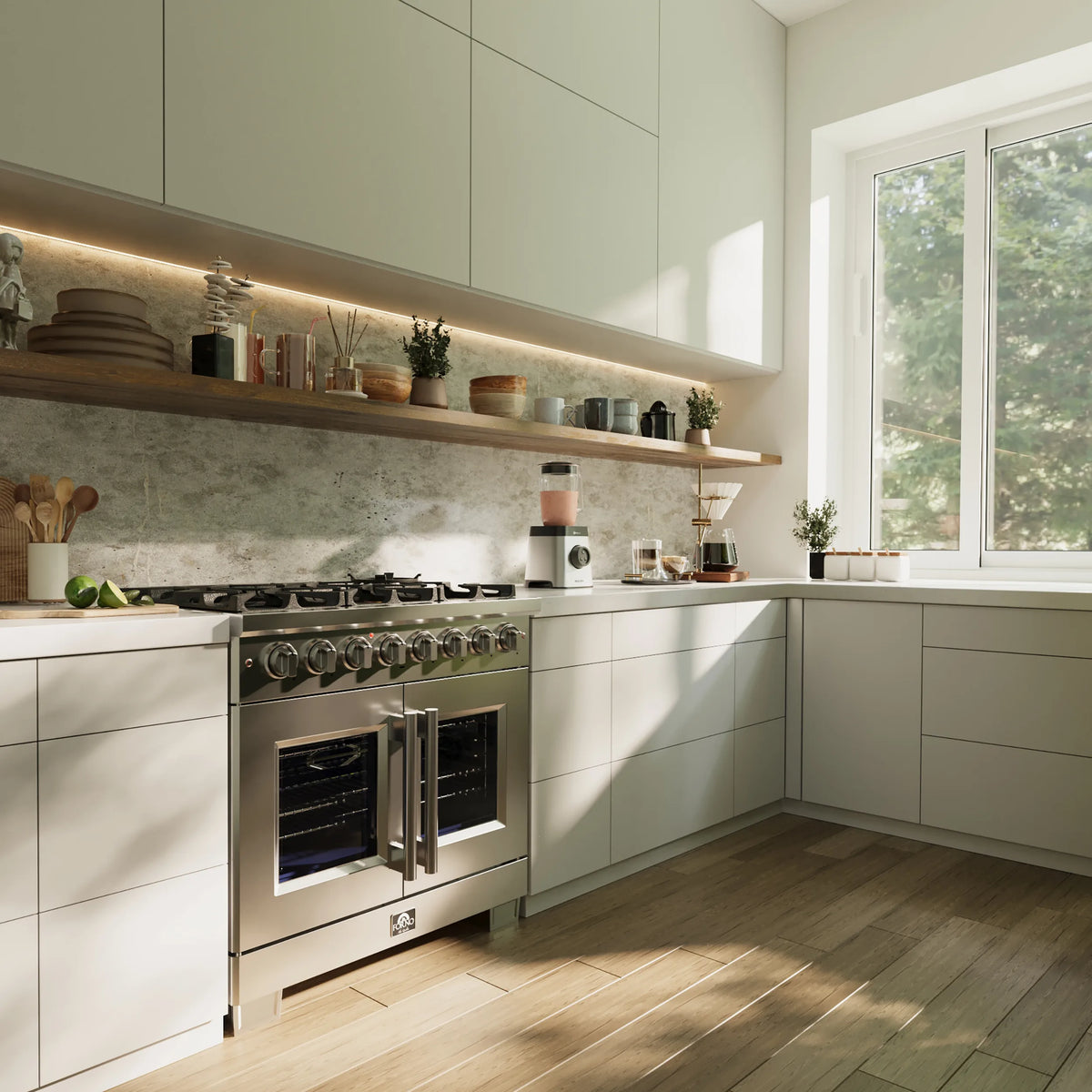 Forno 36-Inch Capriasca 5.36 Cu. Ft. Freestanding French Door Dual Fuel Range with 6 Gas Burners, 120,000 BTUs & Electric Oven in Stainless Steel shown in a styled kitchen