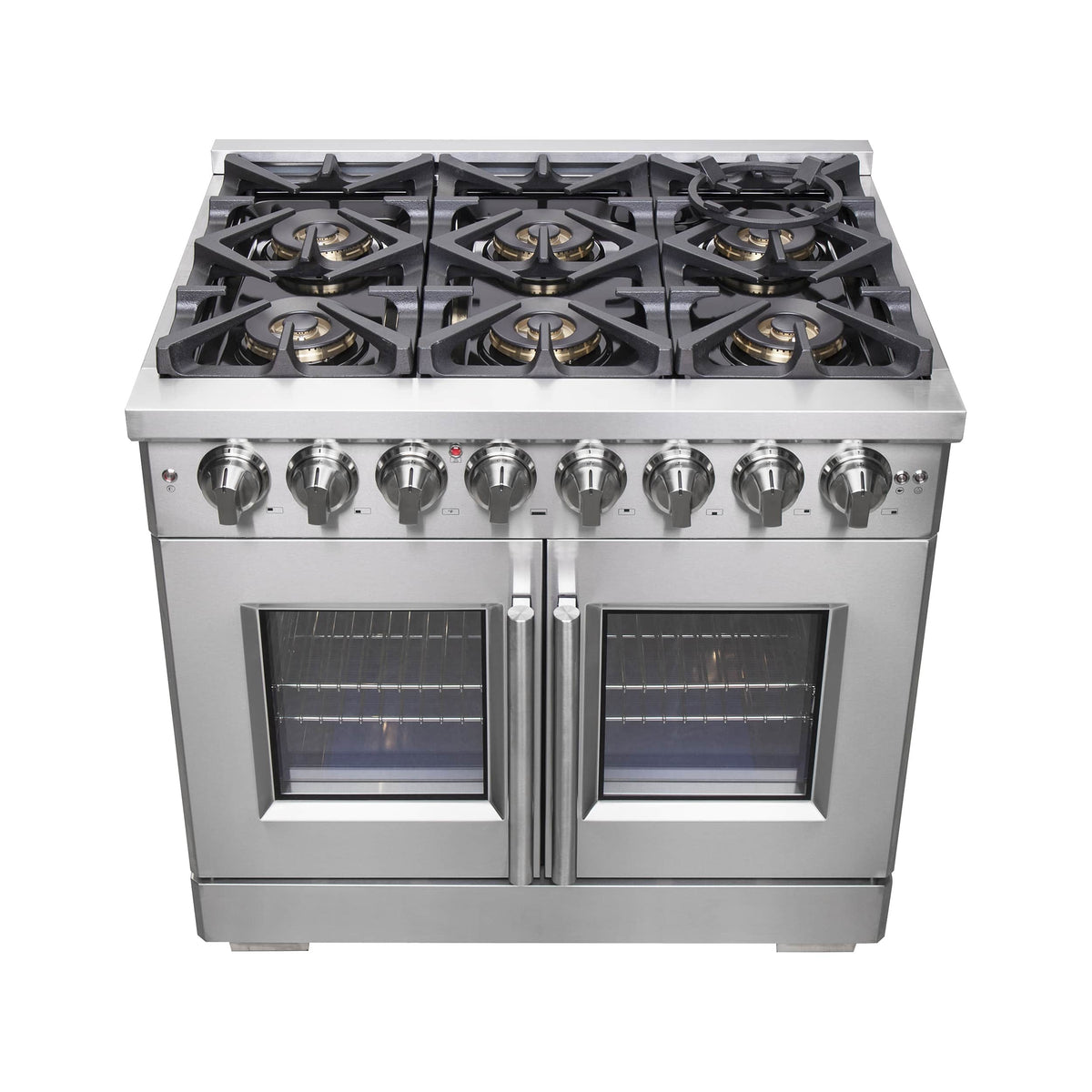 Stainless steel dual fuel range with six gas burners and two glass French oven doors
