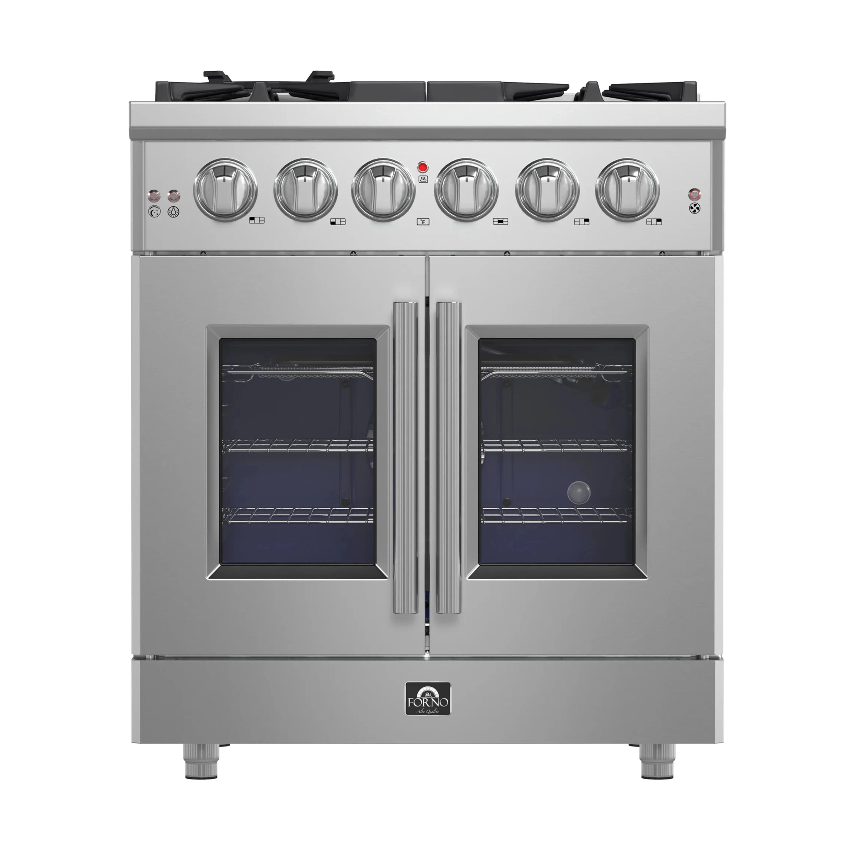 Stainless 30-inch French door gas range with front control knobs and two oven doors