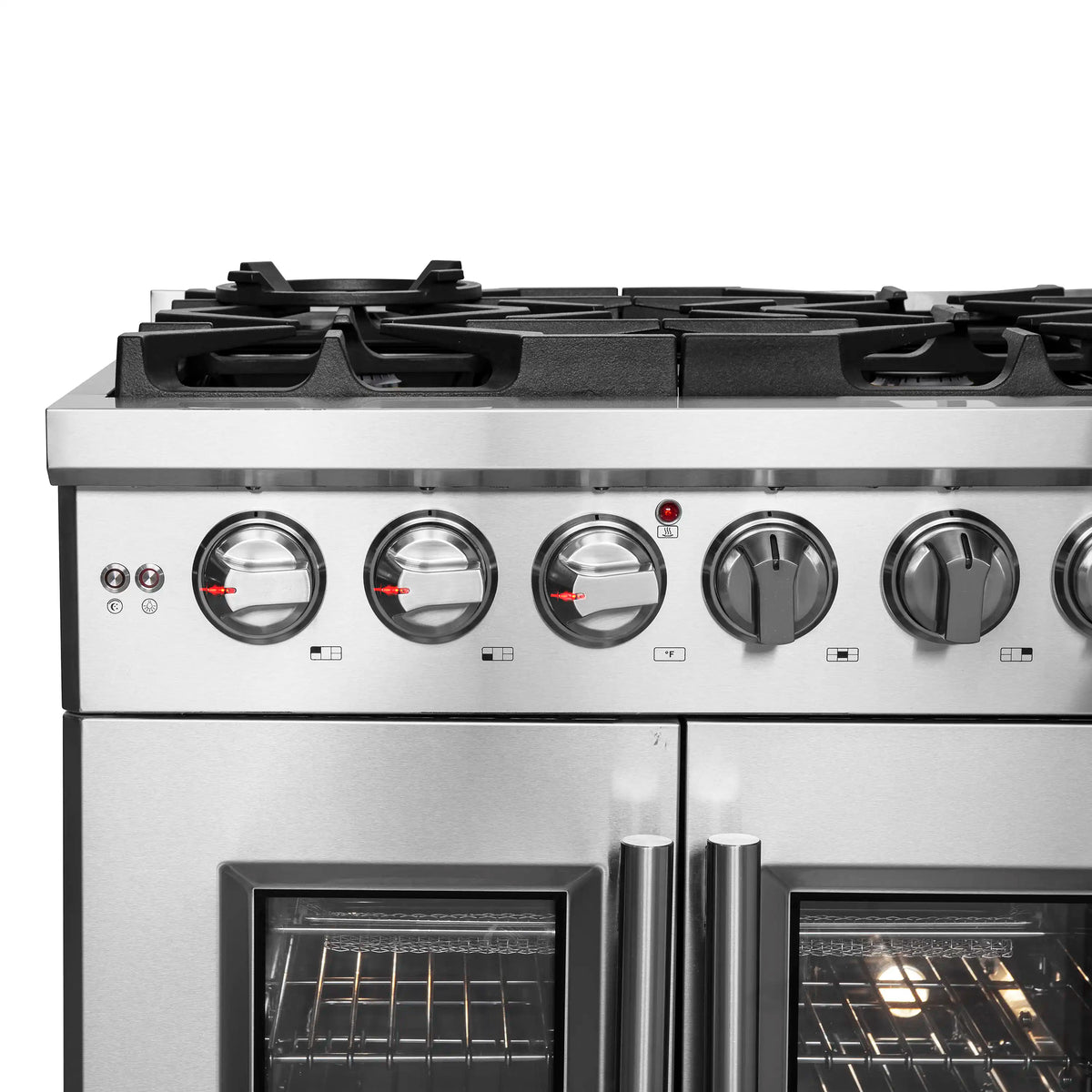 Stainless steel gas range front with burner knobs and glass French doors