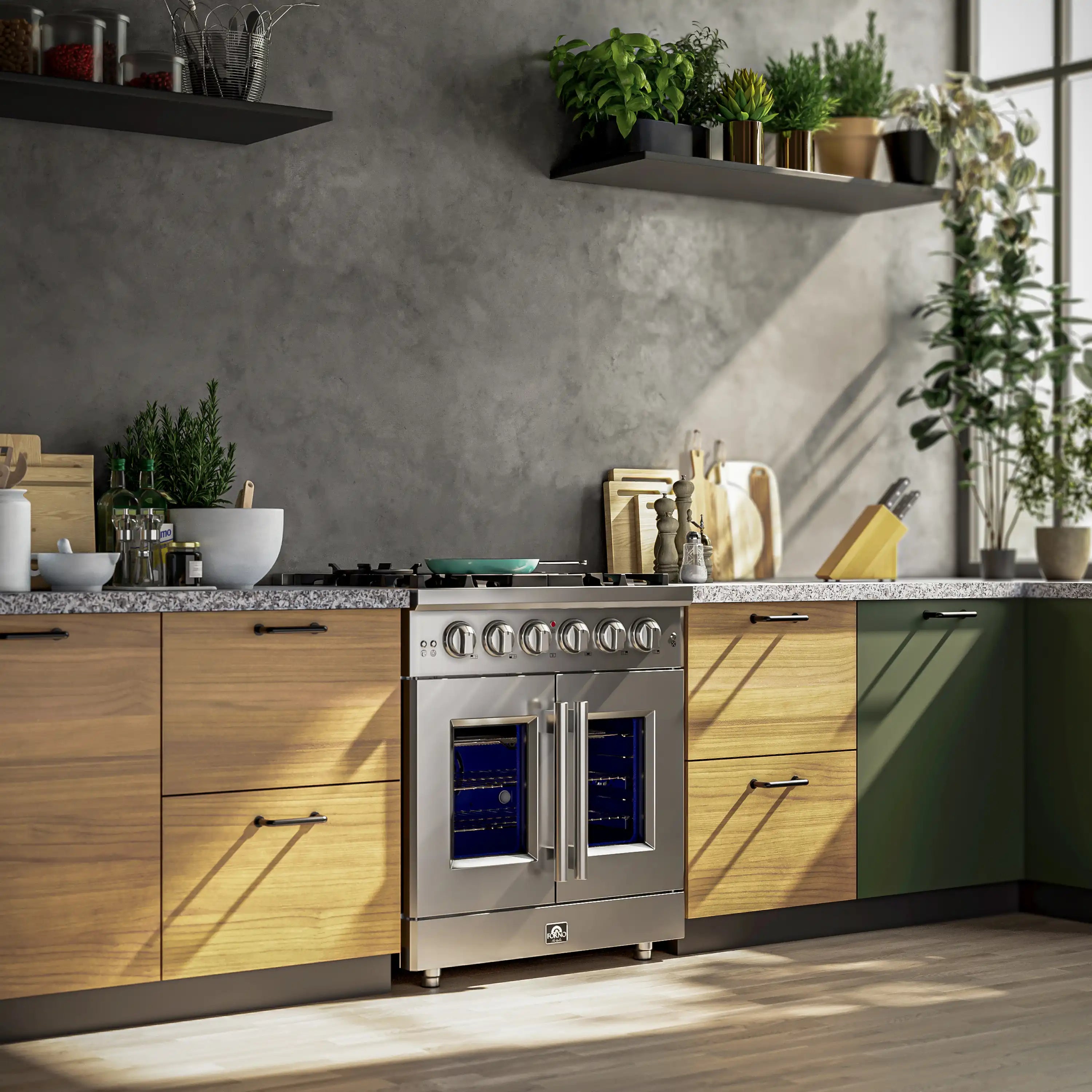 Stainless steel French door gas range in a kitchen, with control knobs and oven doors