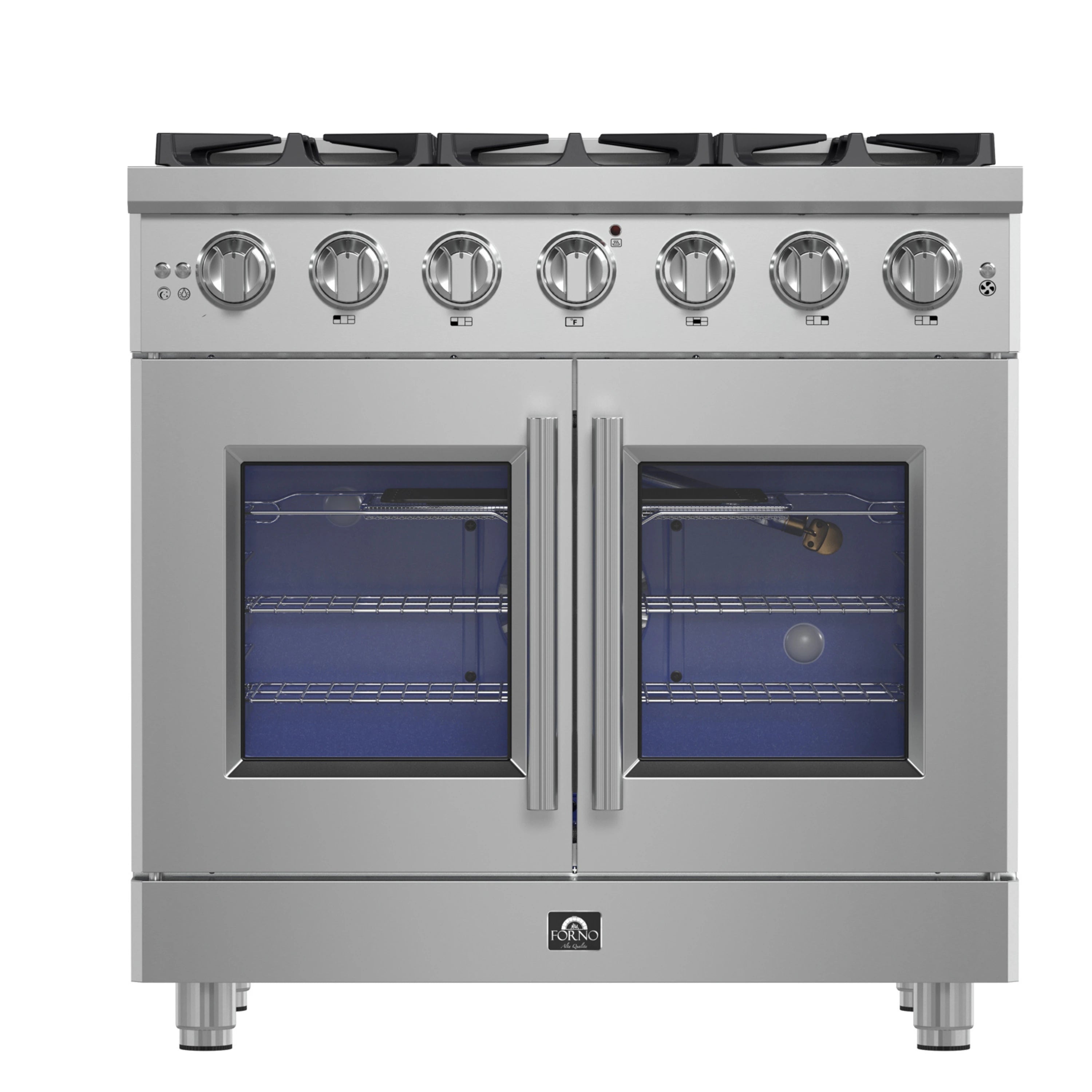Stainless steel gas range with French doors closed, control knobs and oven windows