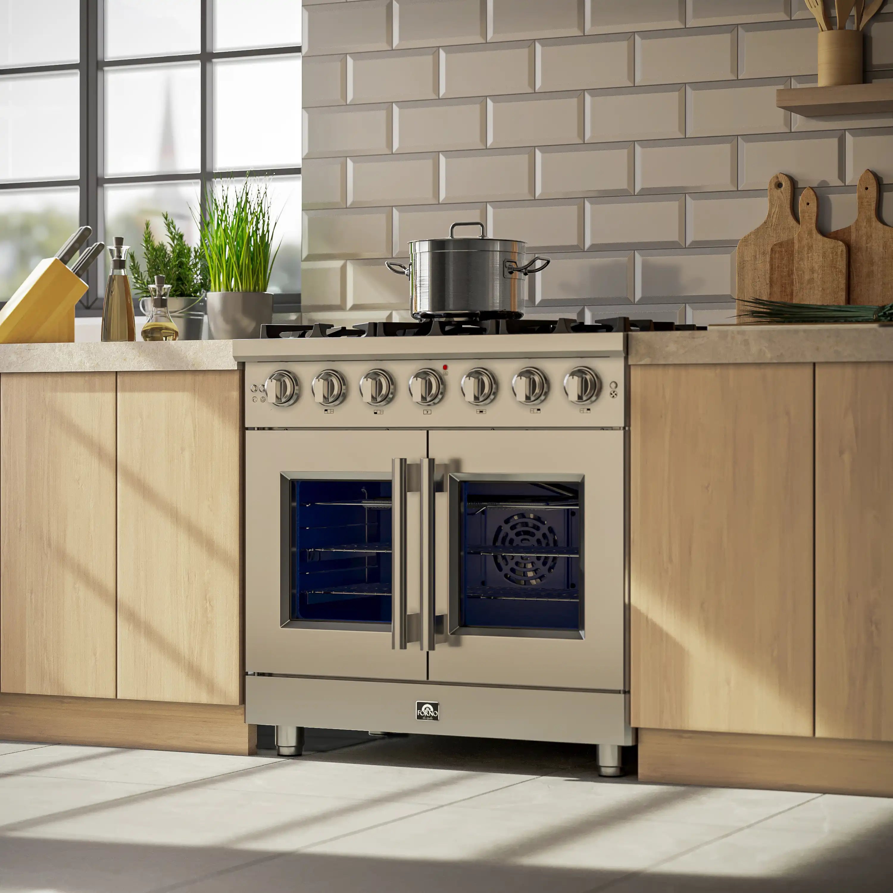 Stainless steel gas range with double oven doors in a home kitchen