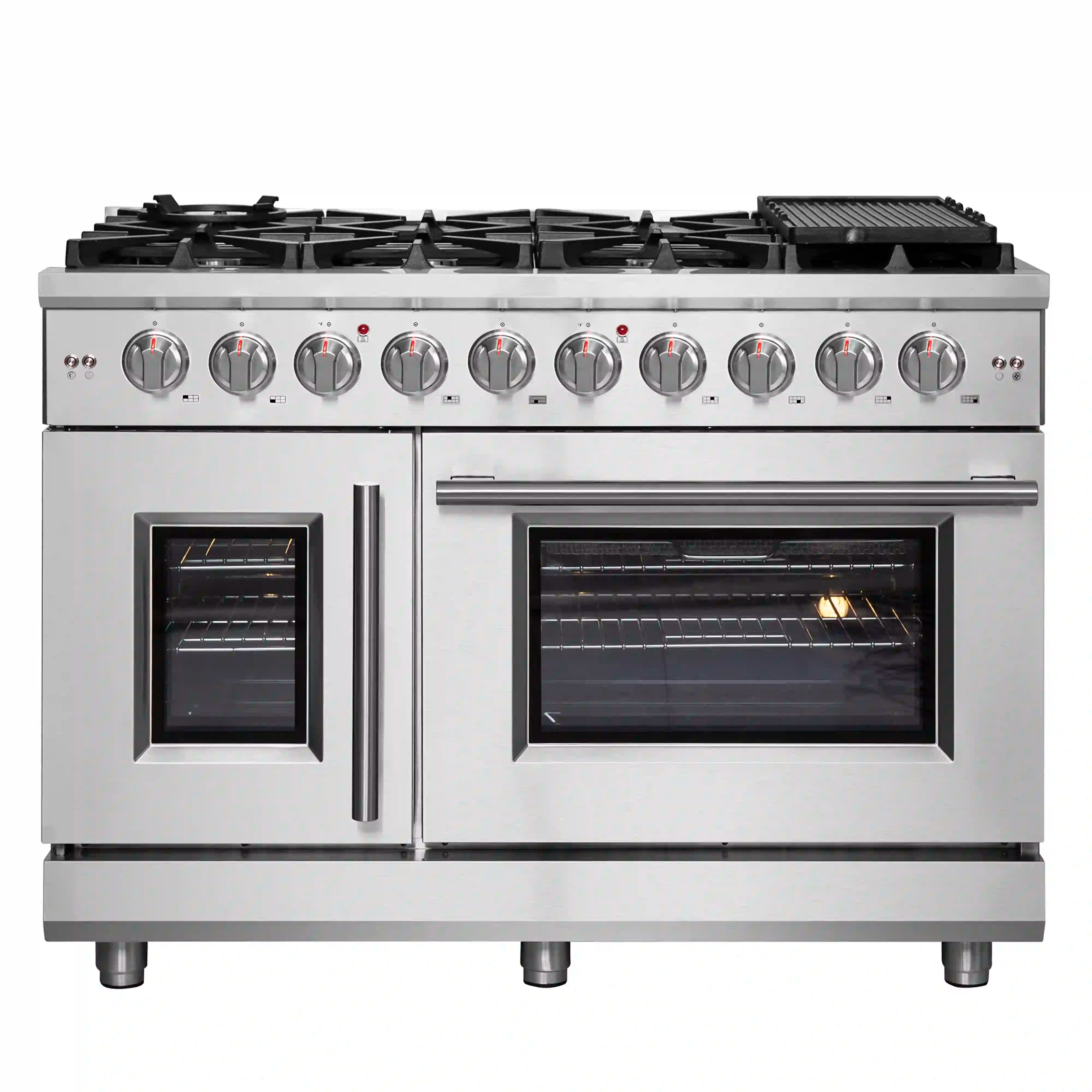 Stainless steel French door gas range with two oven windows and black cooktop grates