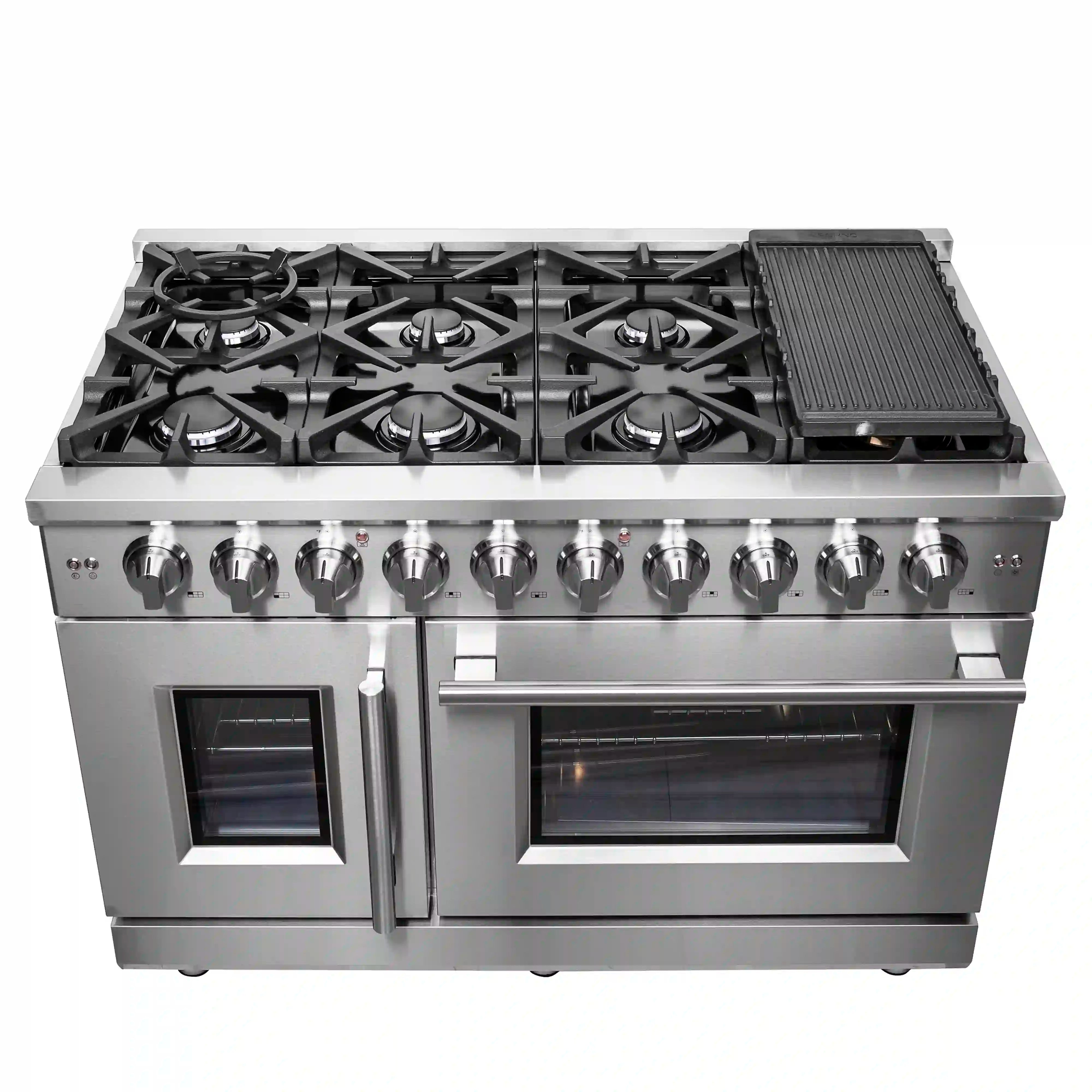 Stainless steel 48-inch gas range with French doors, oven windows, and multiple burners