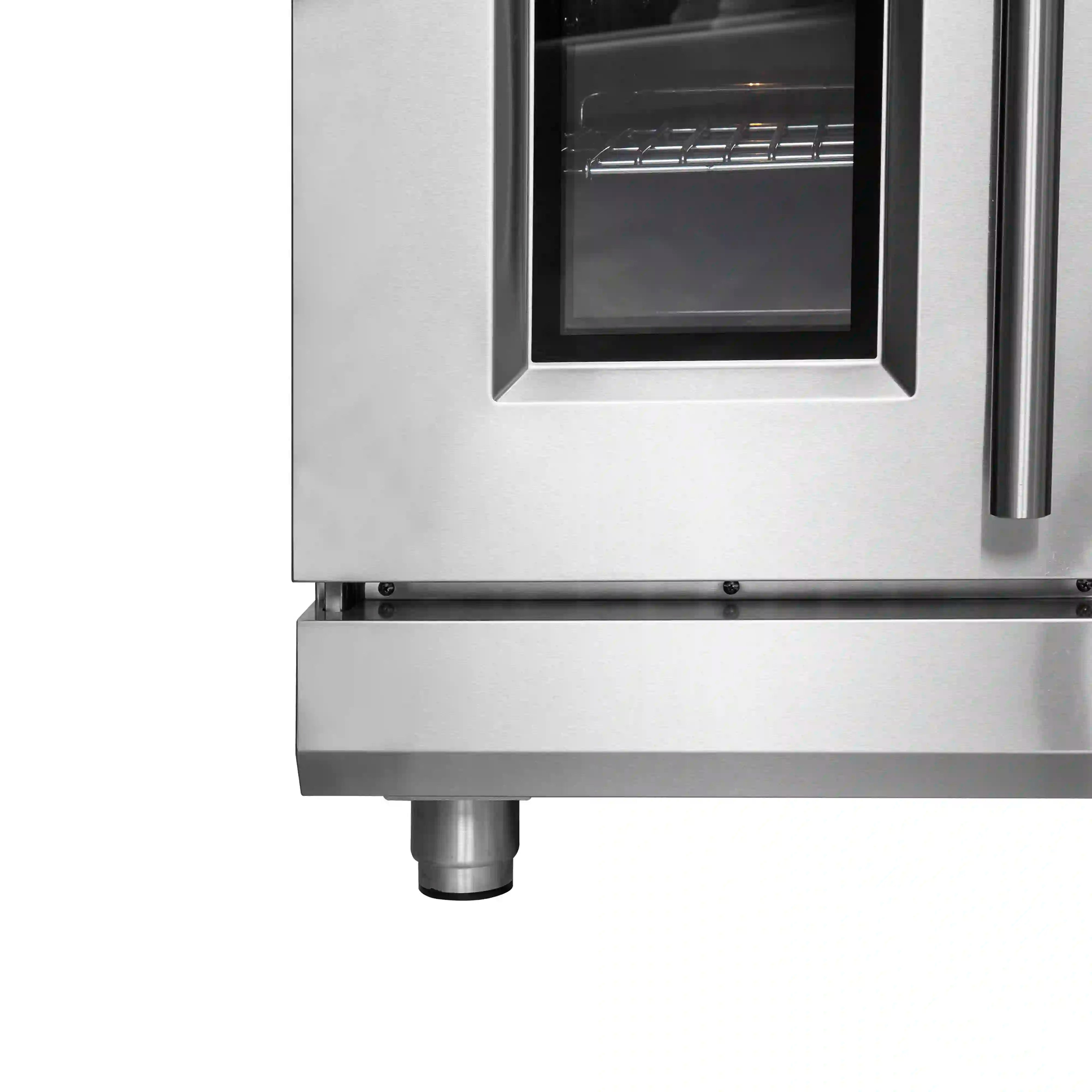 Stainless steel oven door with window and lower trim panel