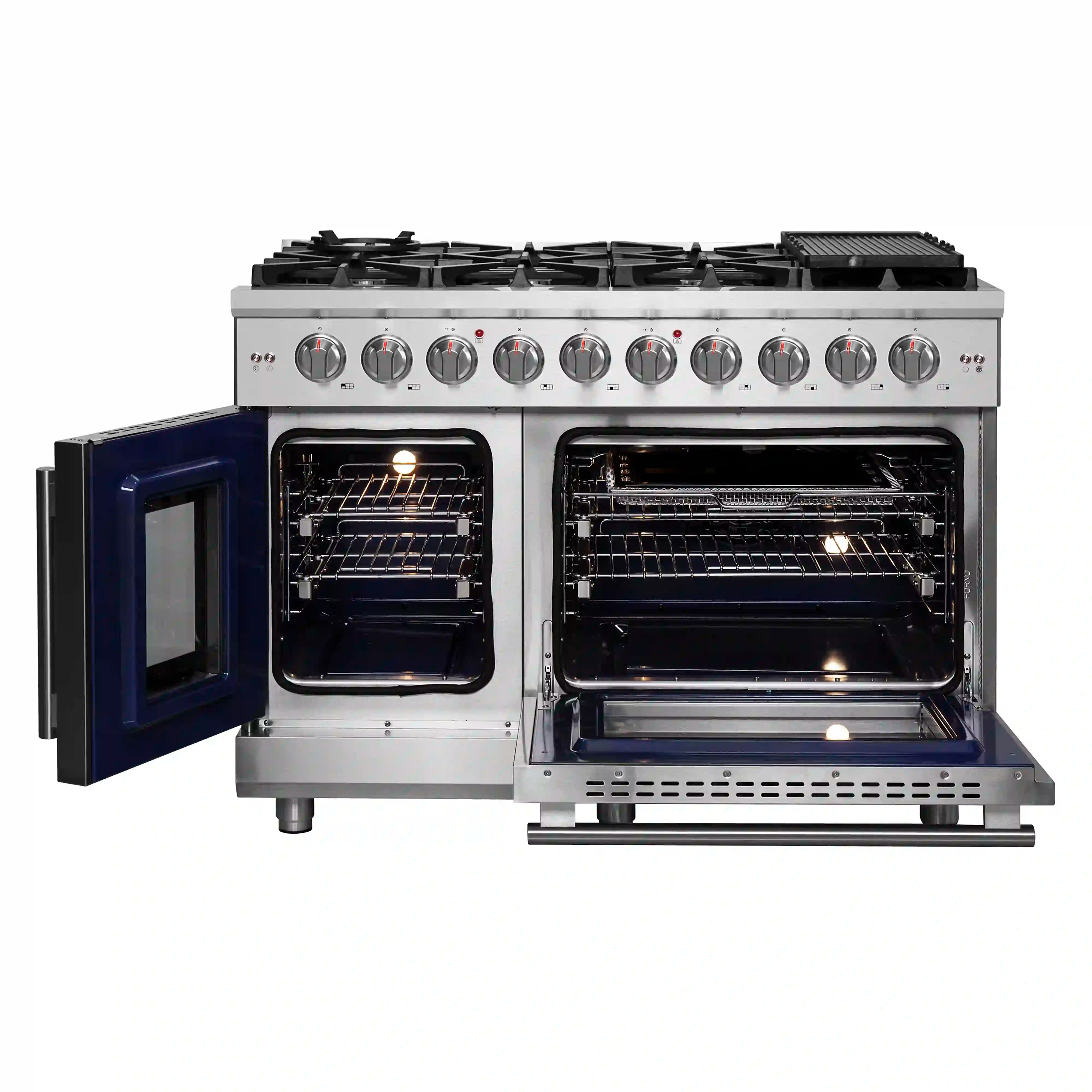 Gas range with dual oven doors and stainless finish, burner knobs