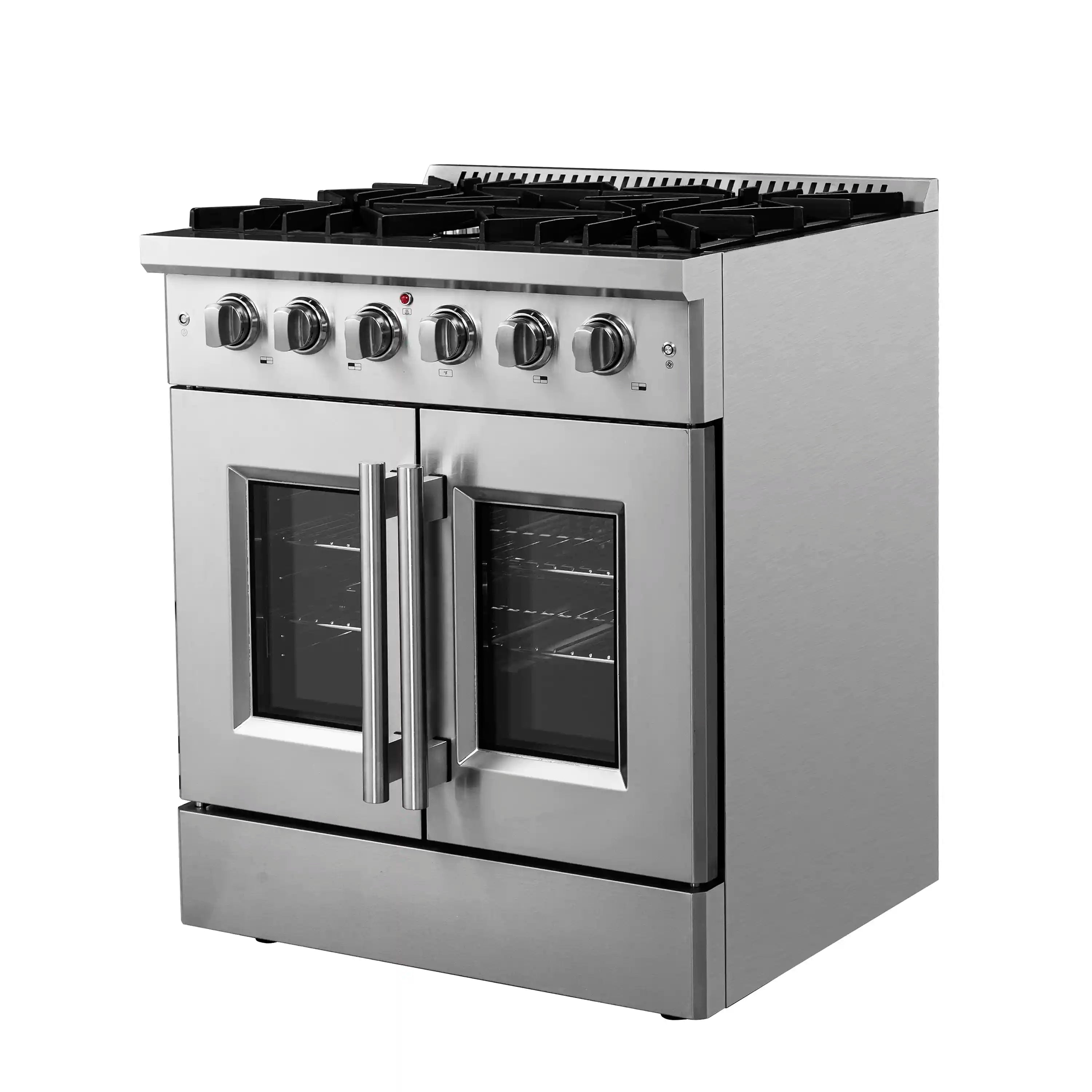 Stainless steel gas range with French door oven doors and five burner control knobs