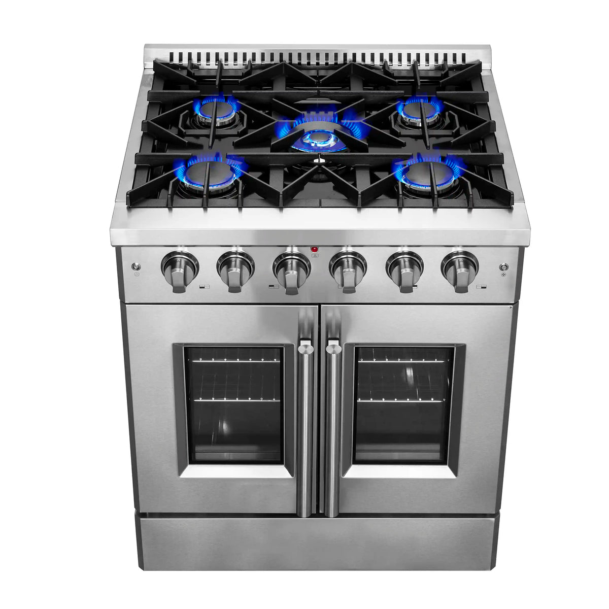 Stainless steel gas range cooktop with 5 burners and blue flames on grates.
