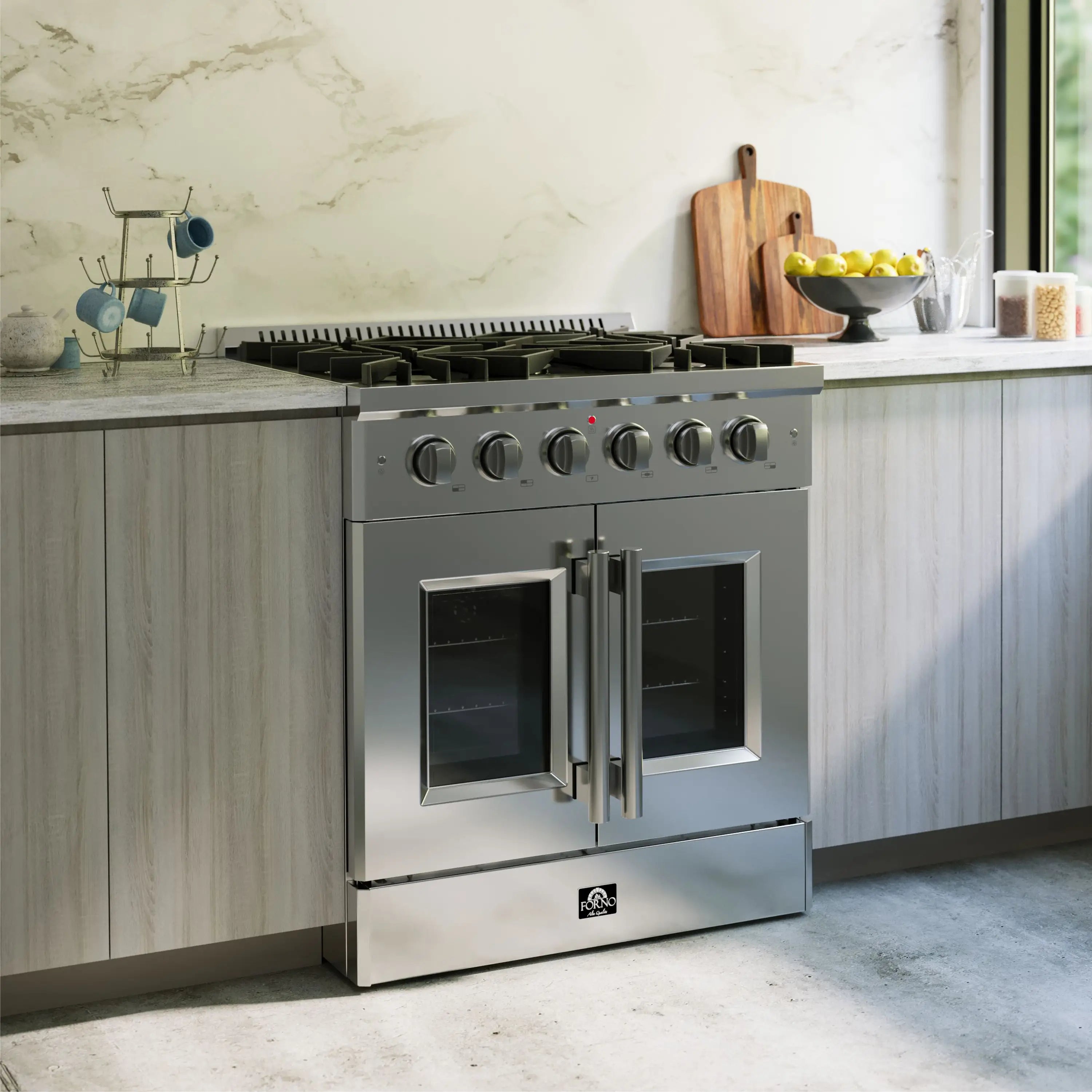 Stainless steel gas range with French door oven, five burners, and knob controls