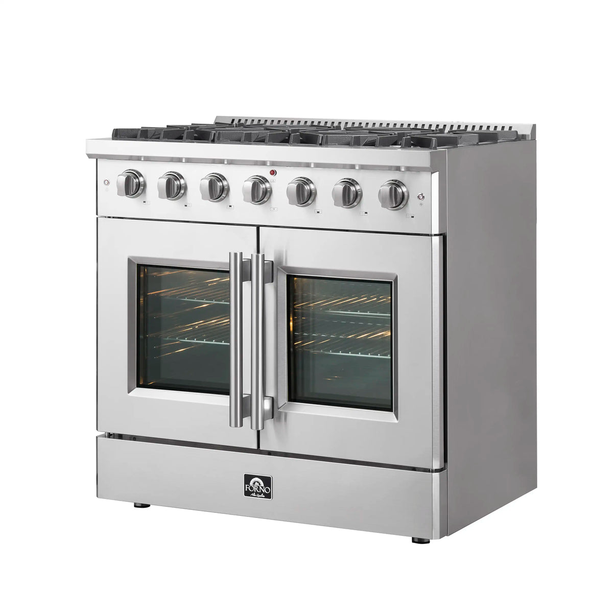 Stainless steel gas range with French-door oven and six burner control knobs