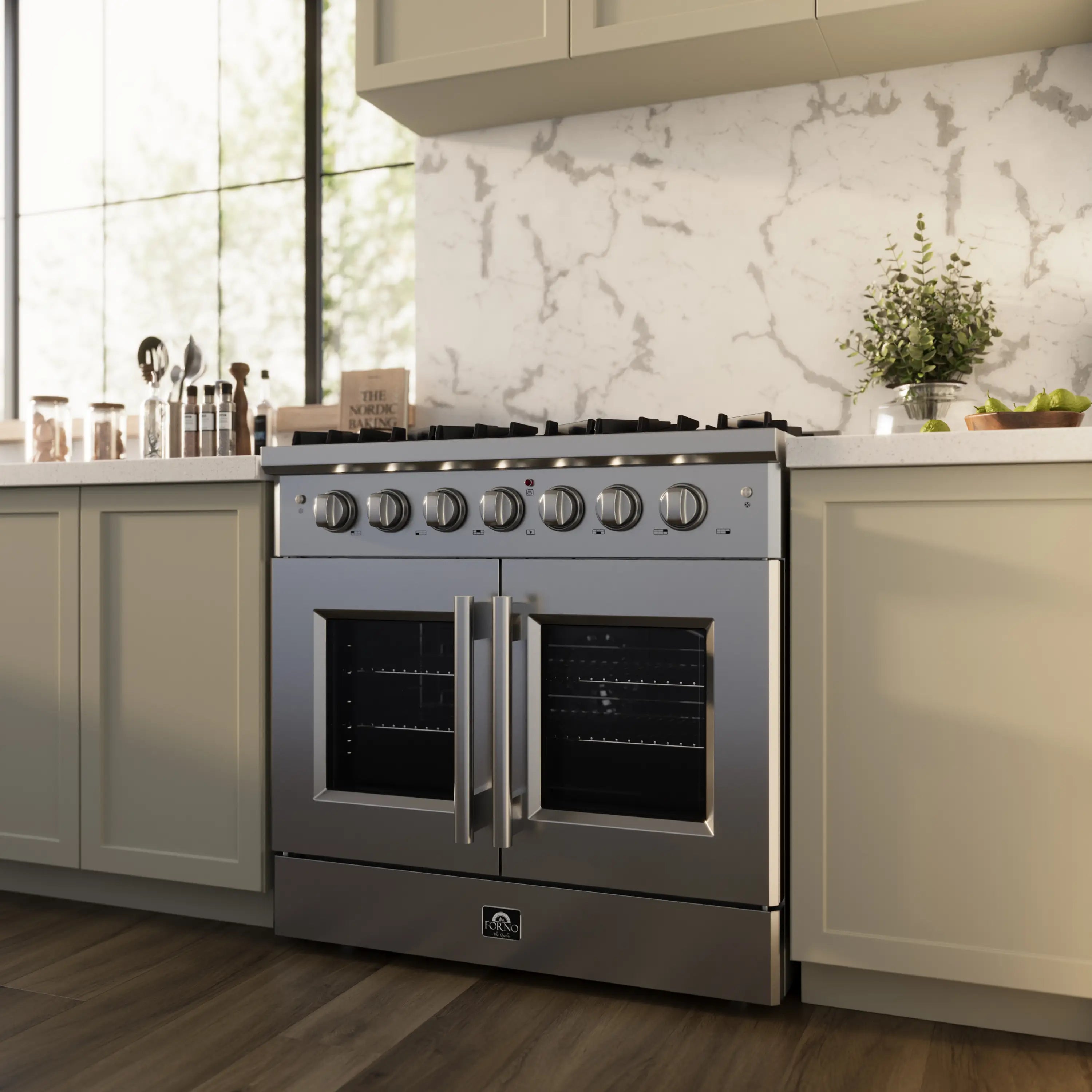 Stainless steel gas range with six burners and French-door oven in a kitchen setting