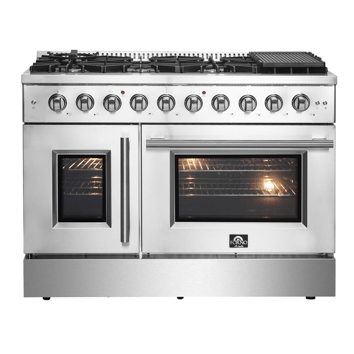 Stainless steel 48-inch gas range with dual ovens, open burners and control knobs