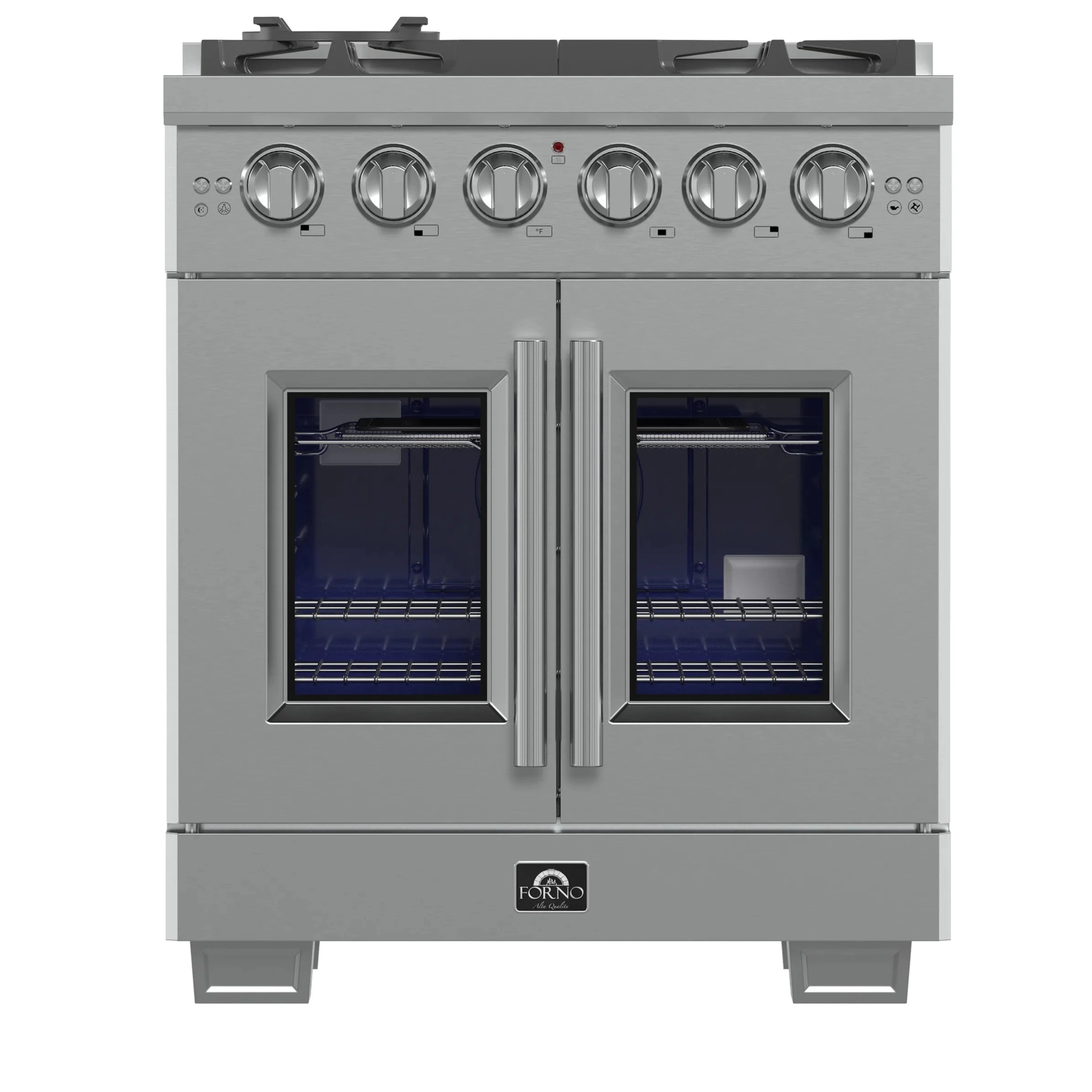 Stainless steel gas range with two French doors and control knobs on top