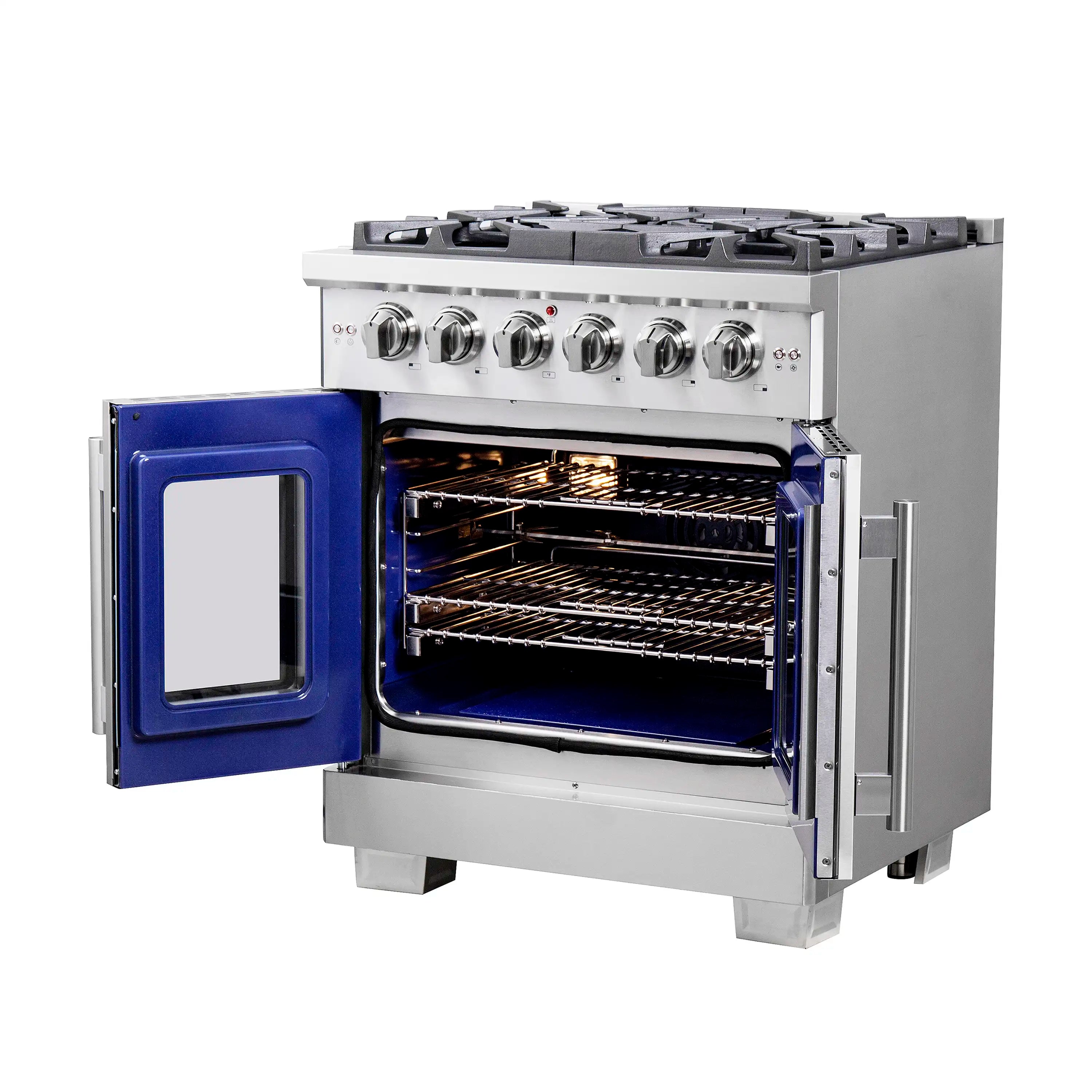 Stainless steel gas range with open French door oven and wire baking rack