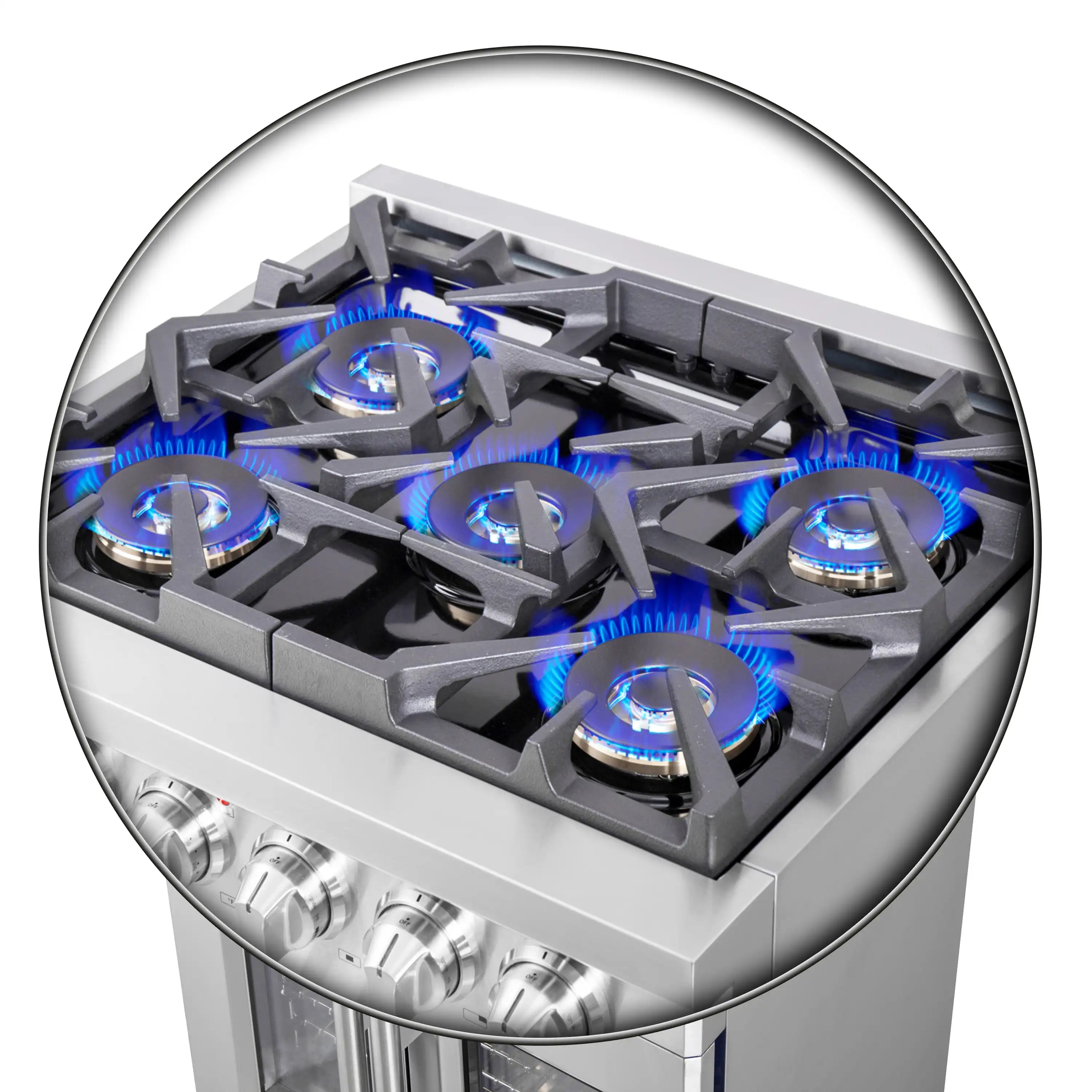 Gas cooktop with blue flames on burners, stainless steel control panel