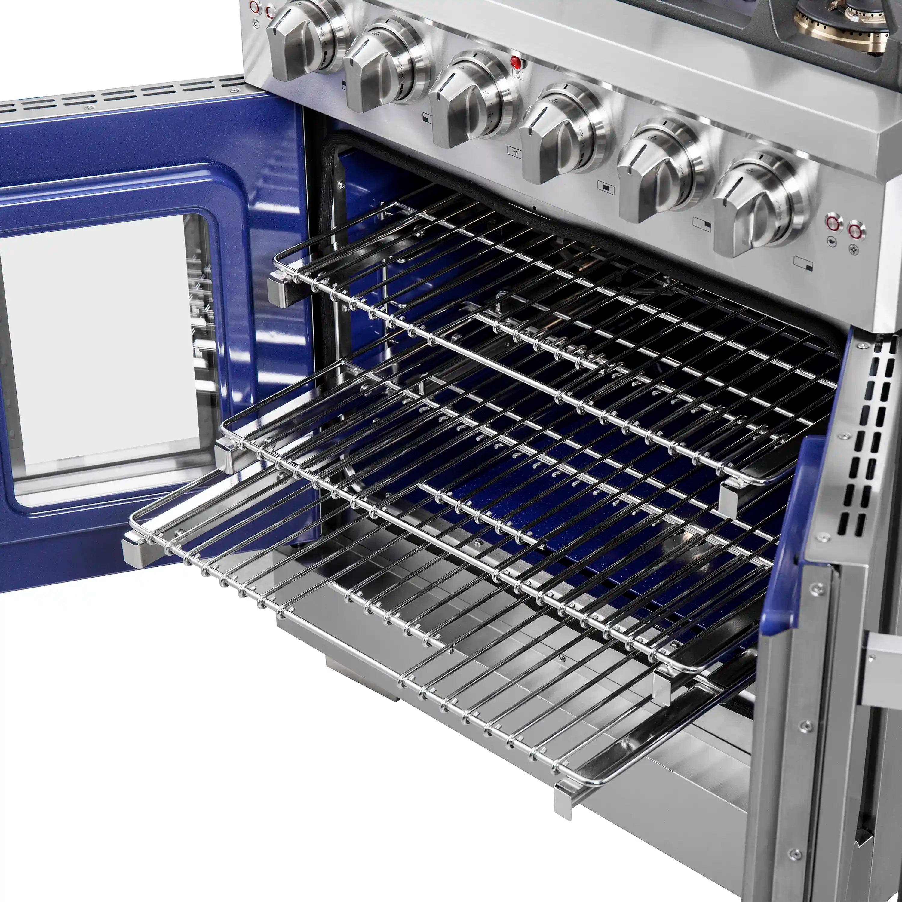 Open French door oven with multiple wire racks, blue interior of stainless range
