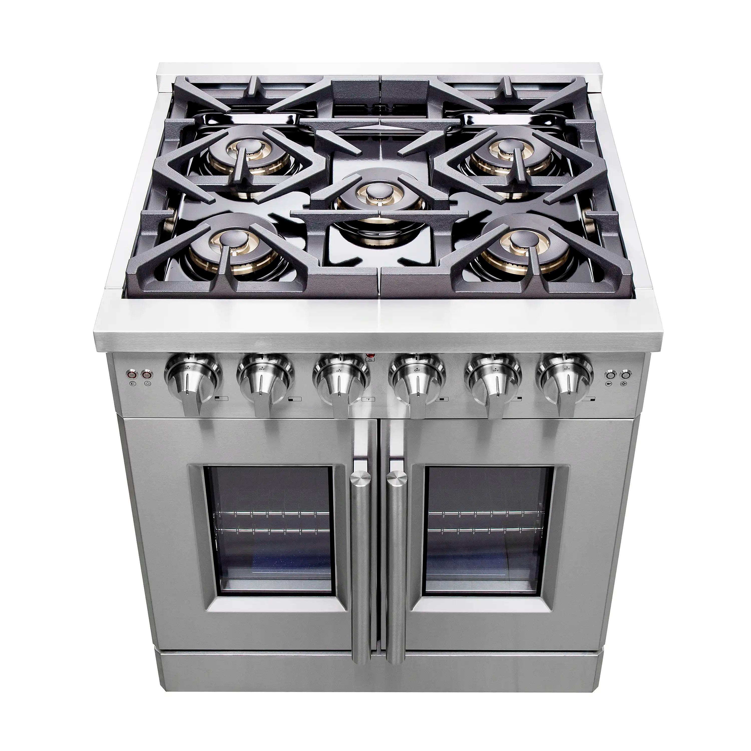 Stainless steel gas range with five burners and French door oven, front view
