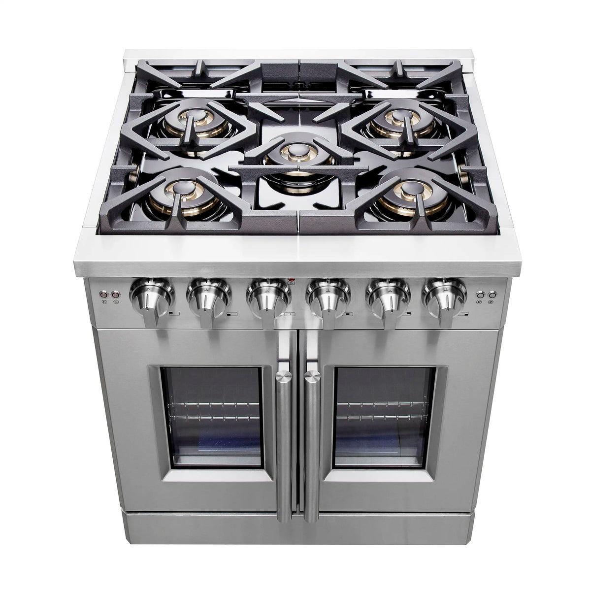 Stainless steel gas range with five burners and French door oven, front view