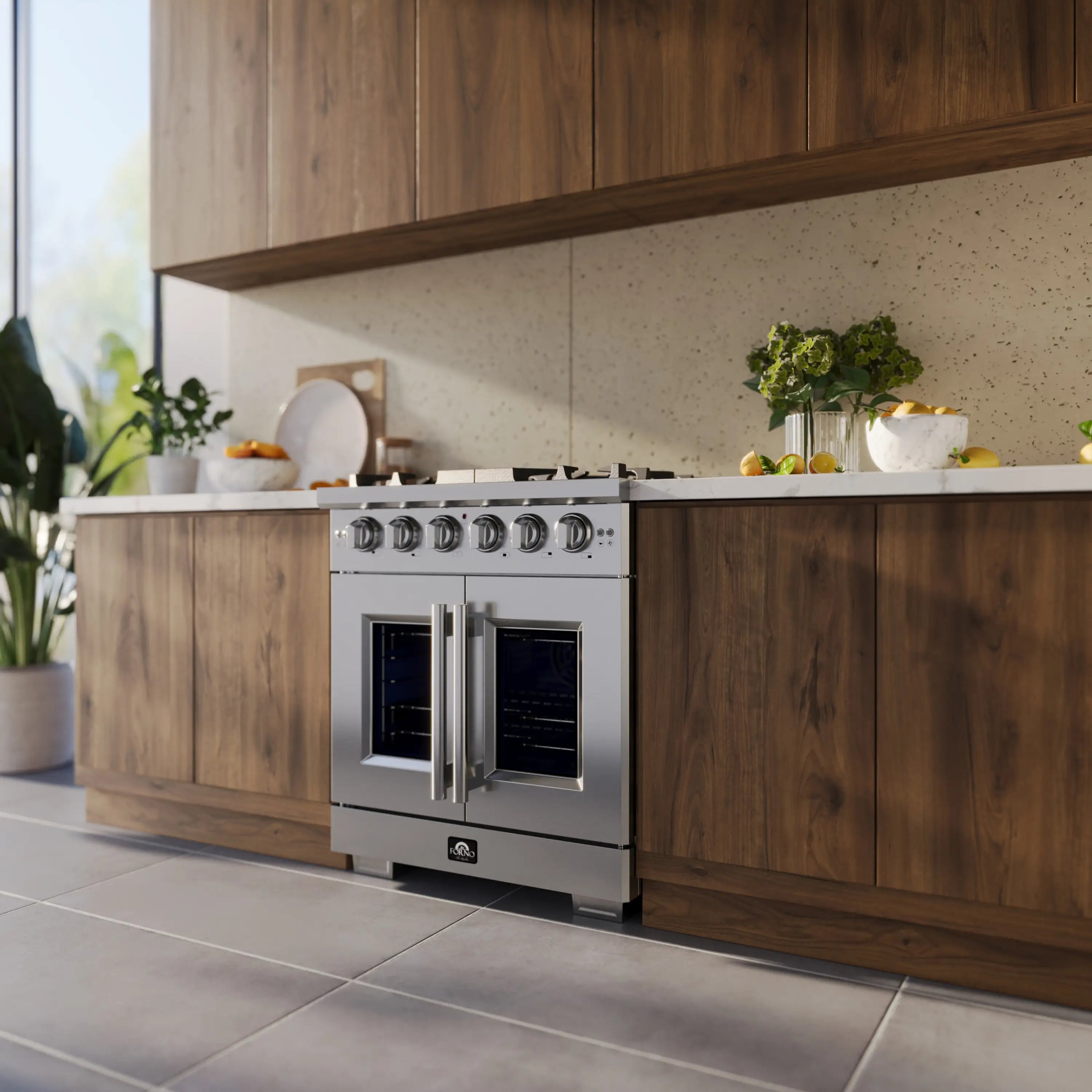 Stainless steel 30-inch gas range with French door oven and five burners