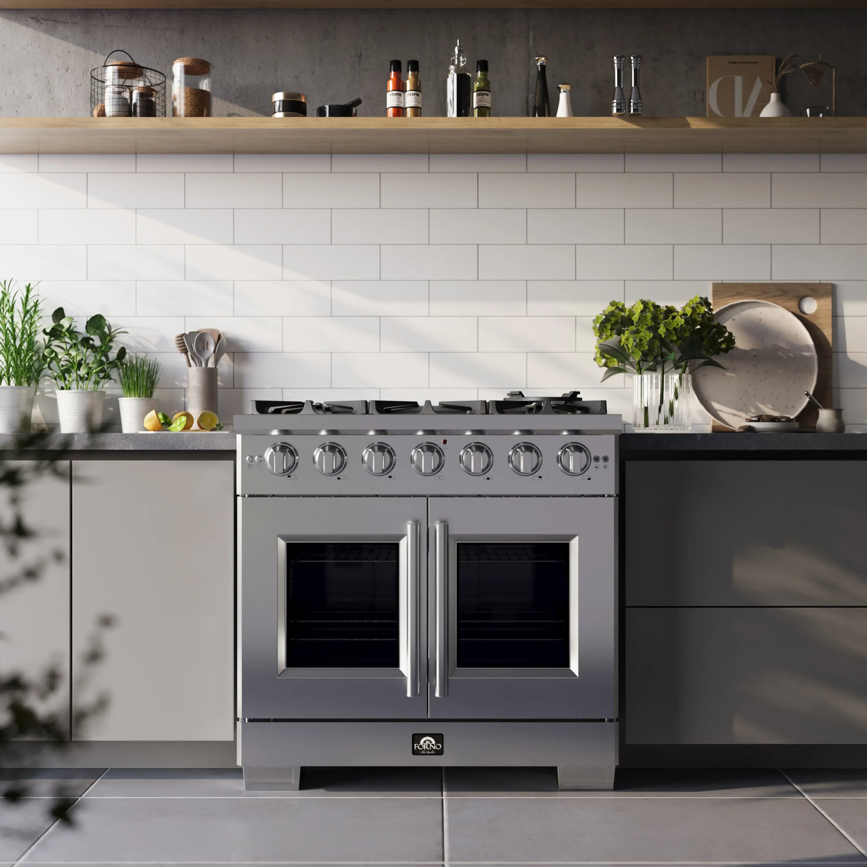 Stainless gas range with two ovens and six top burners