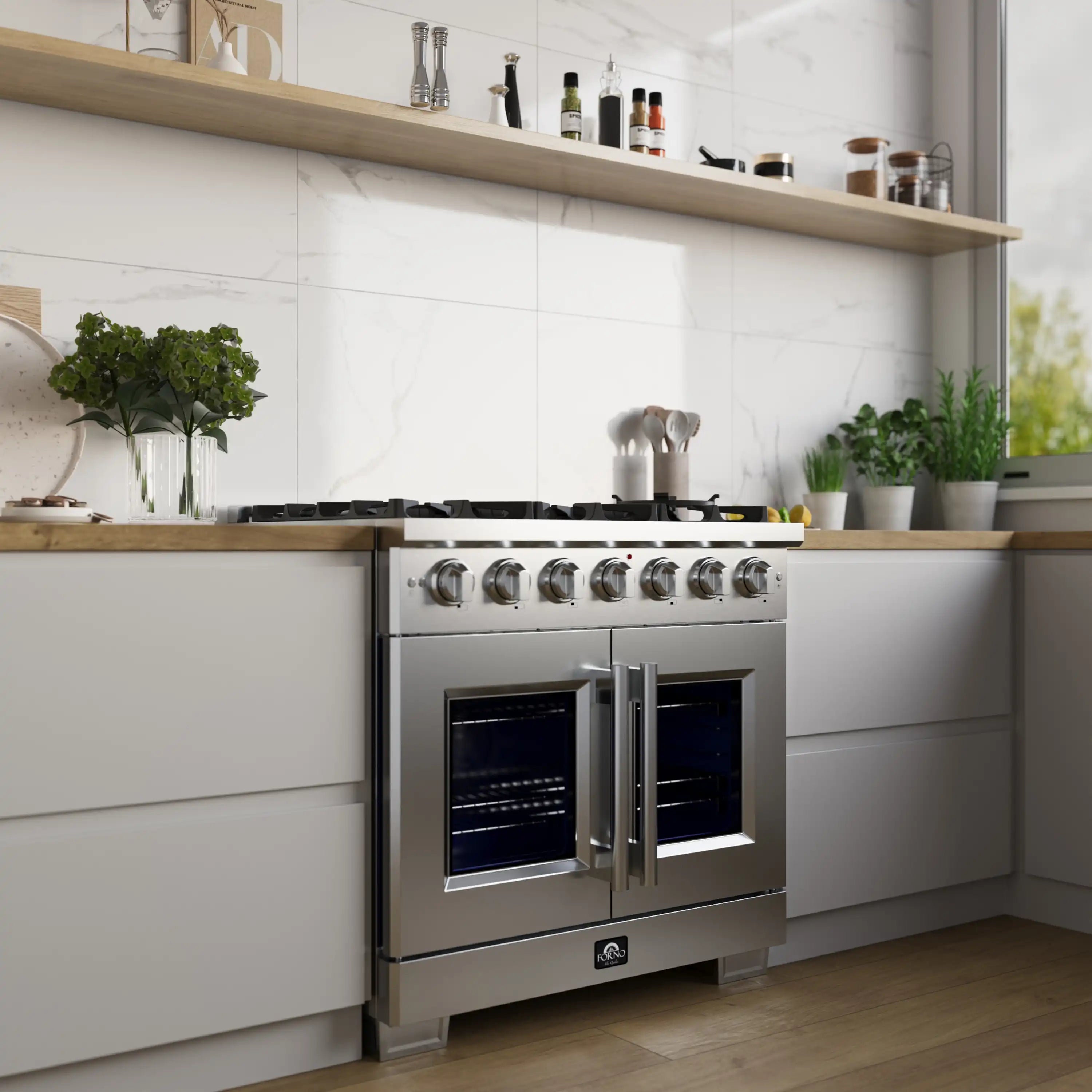 Stainless gas range with French-door ovens and front burner controls