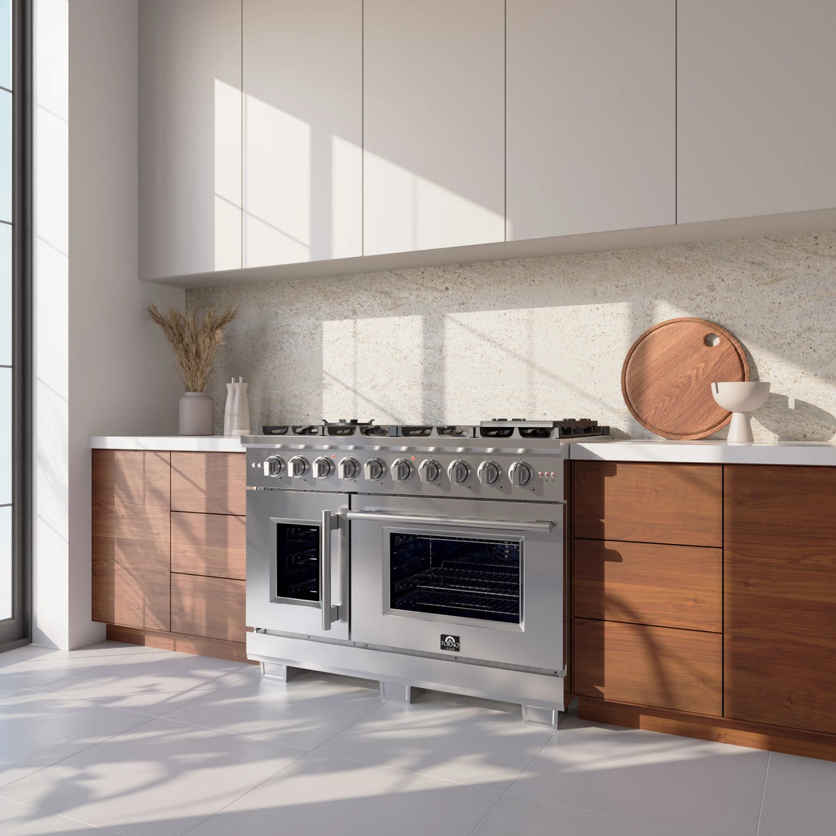 Forno 48-Inch Capriasca 6.58 Cu. Ft. Gas Range with 8 Burners, 160,000 BTUs, & French Door Gas Oven in Stainless Steel shown in a styled kitchen