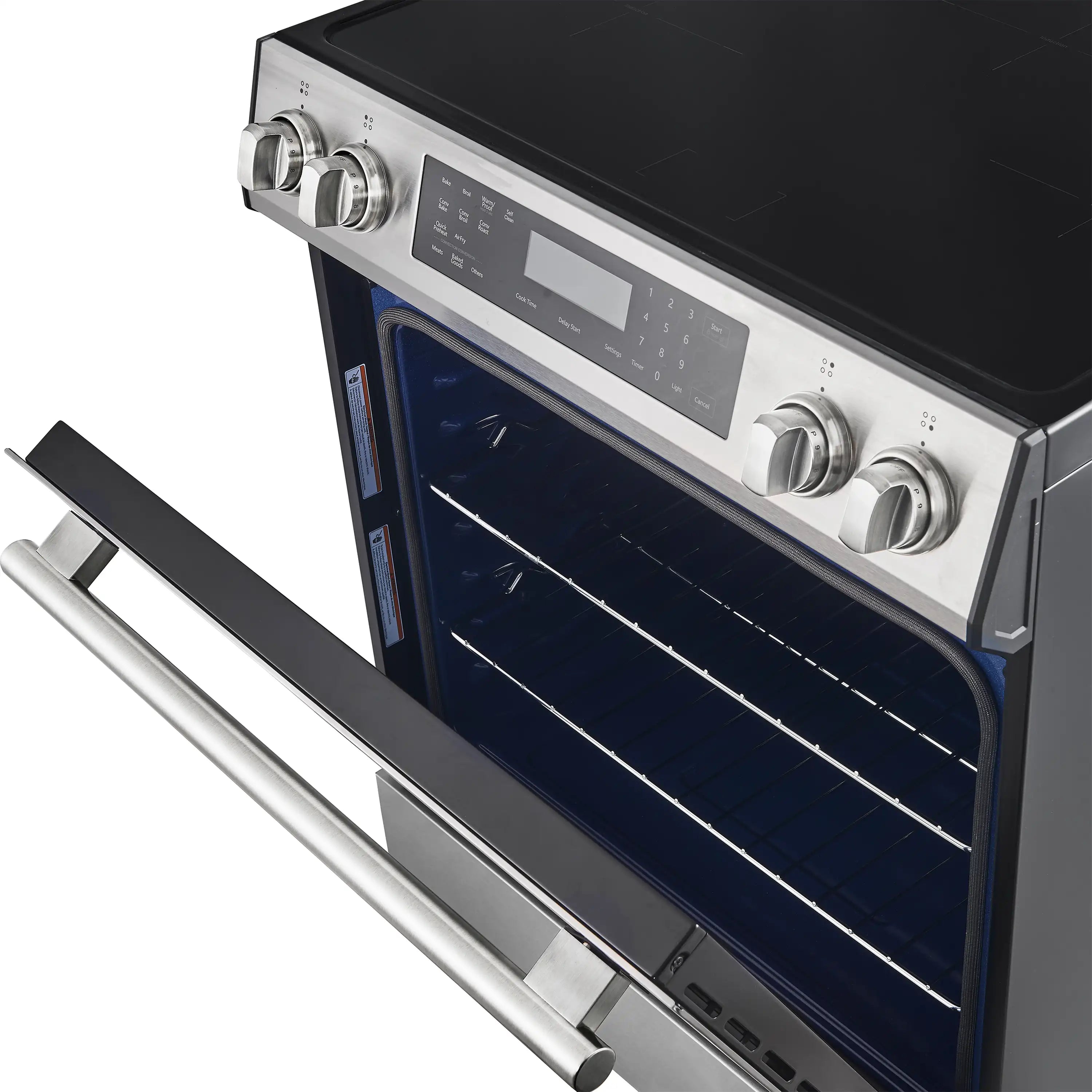 Induction range open oven with blue interior and front glass window