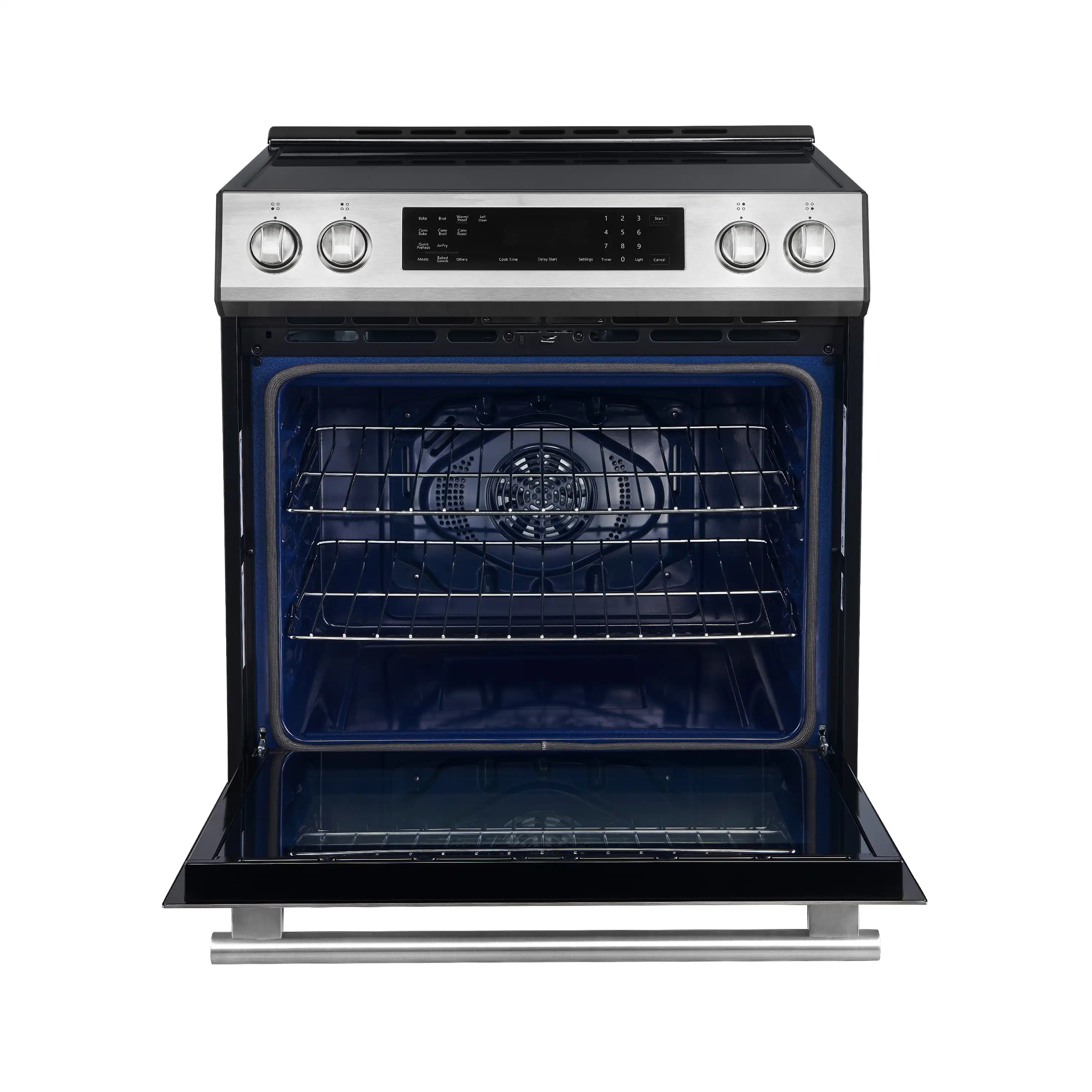 Induction range oven with door open and lit blue interior