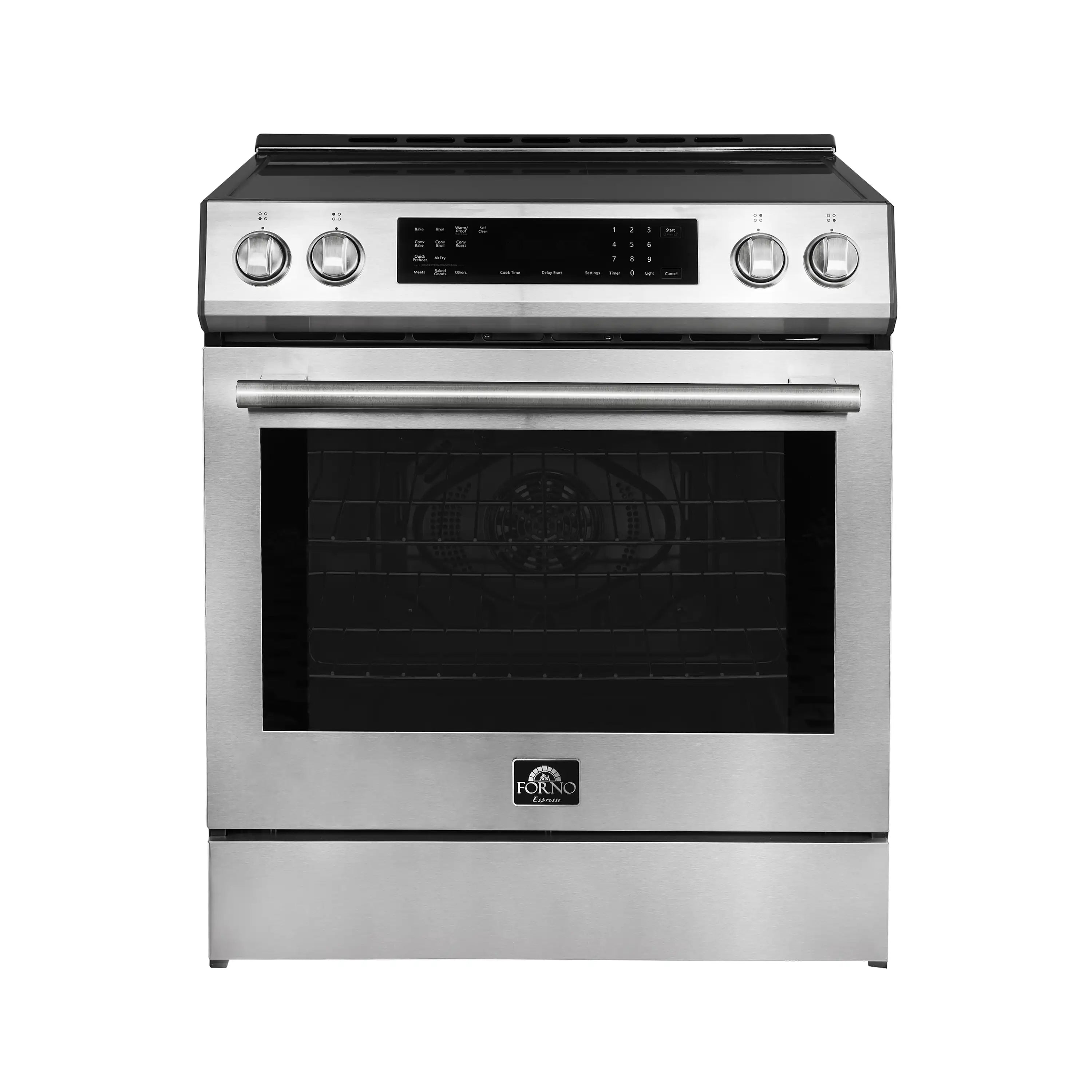 Stainless steel induction range with black glass control panel and oven door window