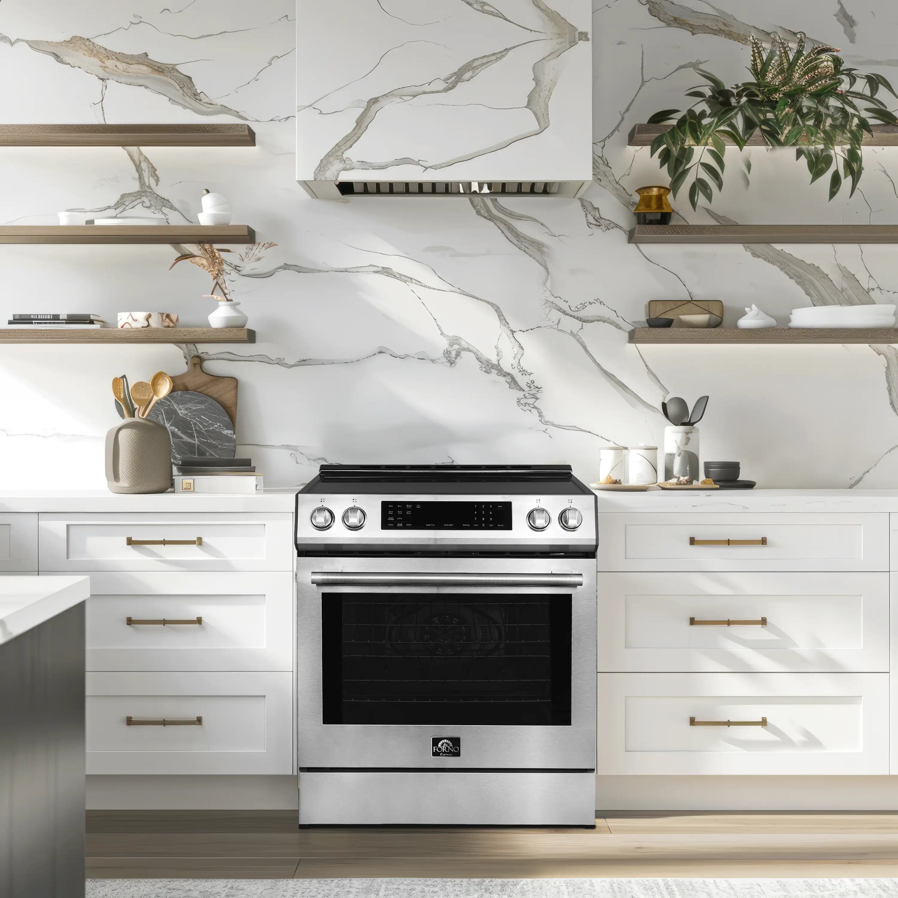 Stainless steel induction range with oven door window and front control panel