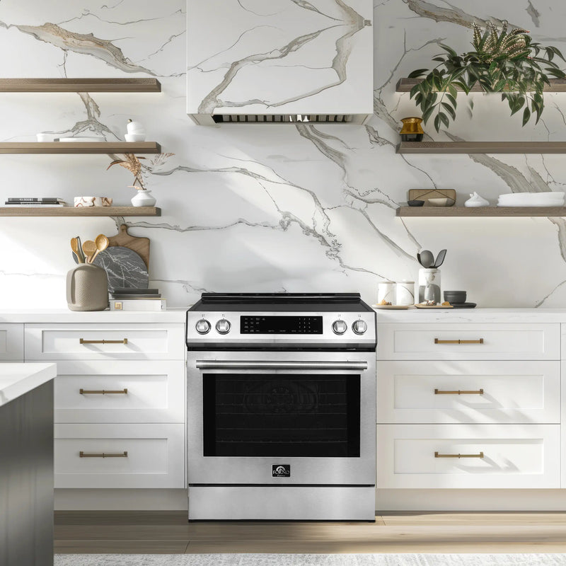 Forno 5-Piece Appliance Package - 30-Inch Inducton Range, Under Cabinet Range Hood, Refrigerator with Water Dispenser, Dishwasher, and 24-Inch Microwave Oven in Stainless Steel