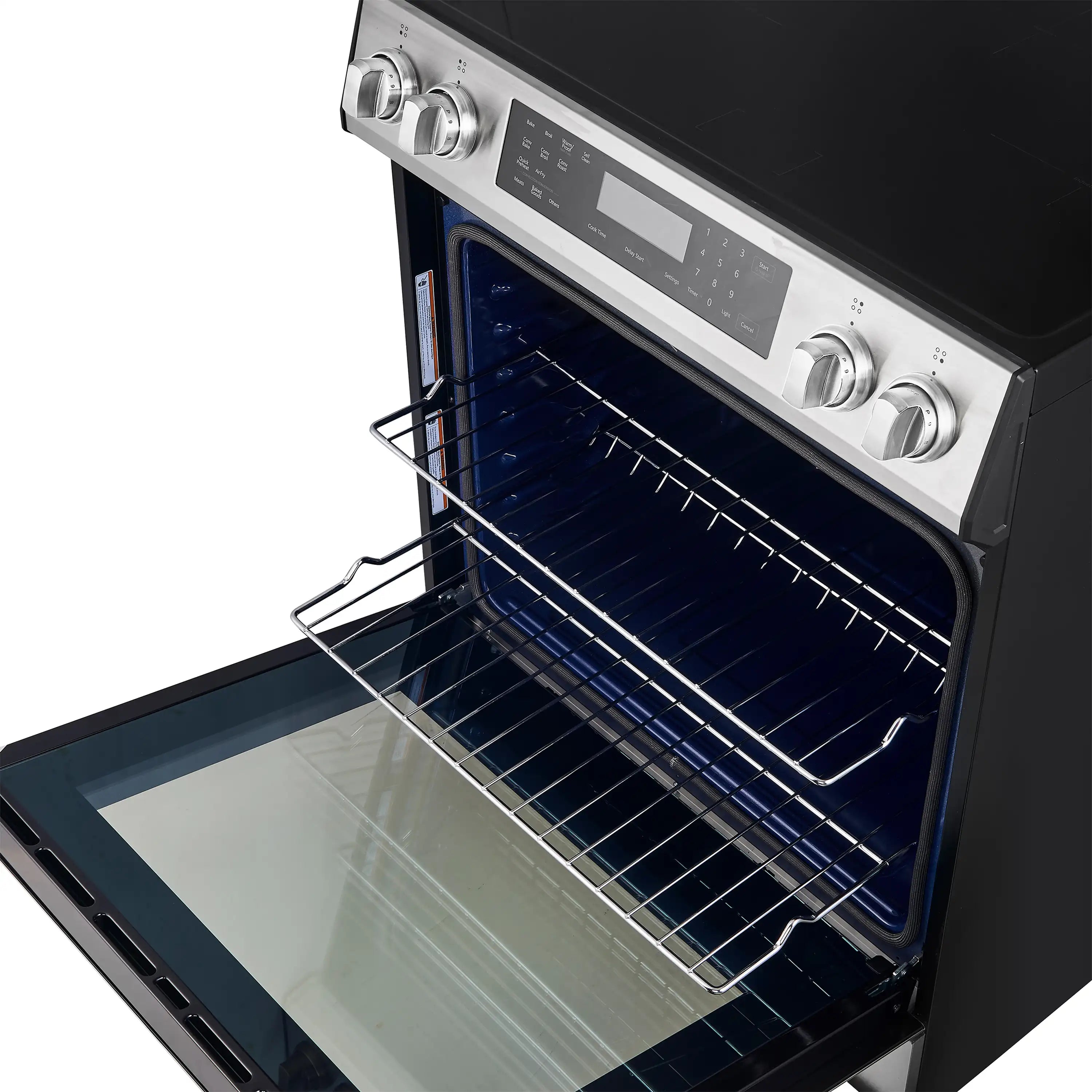 Induction range oven interior with blue walls and wire rack on open door