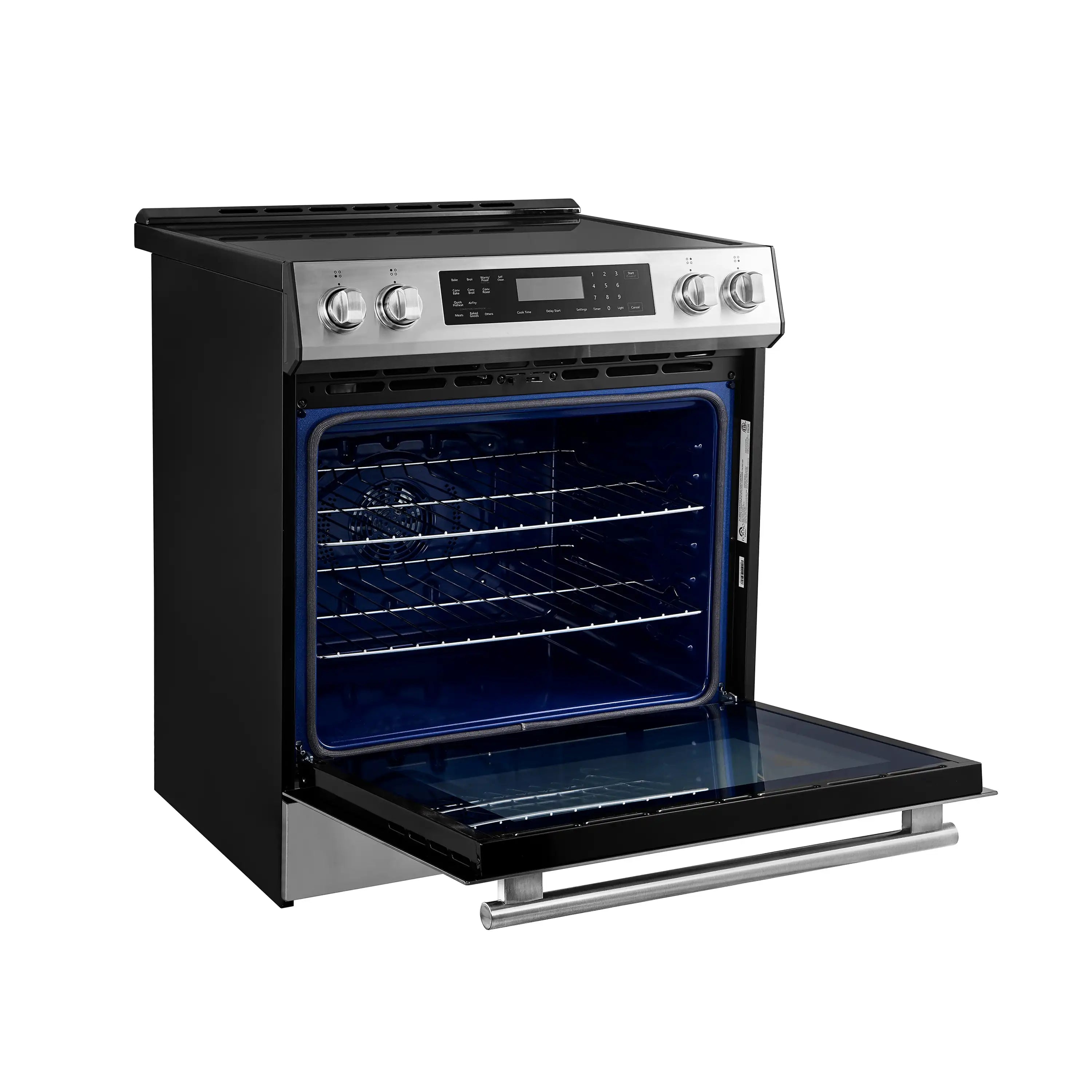 Freestanding induction range with open oven door and stainless control panel