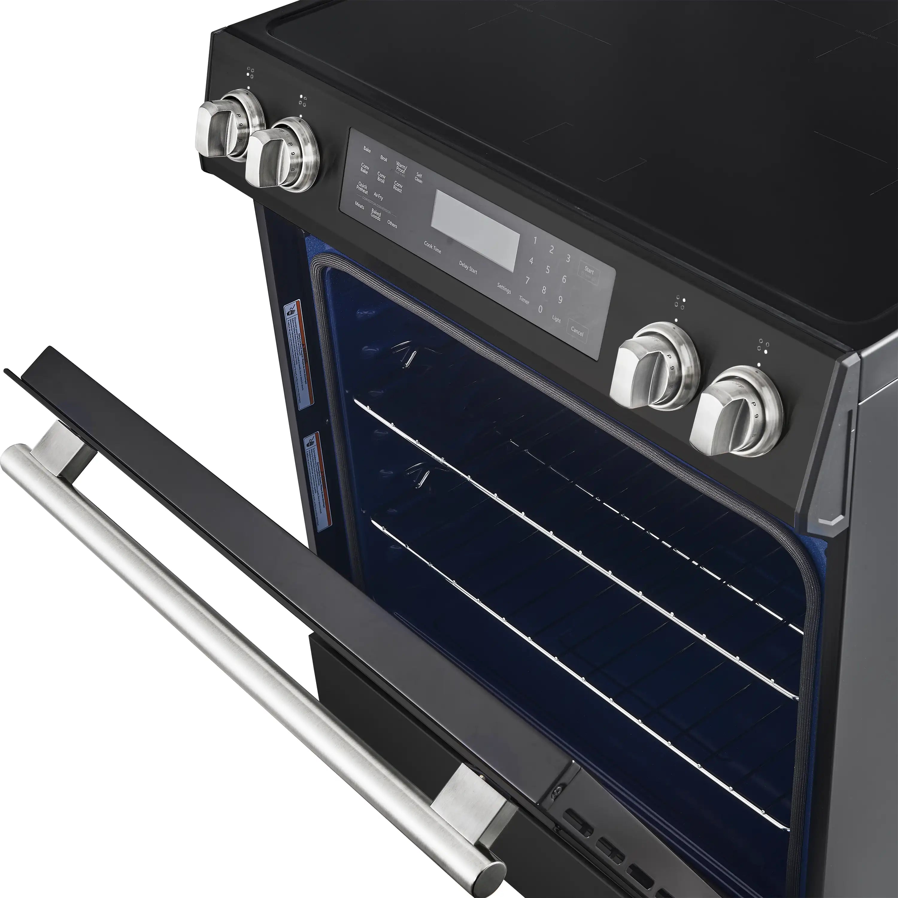 Black oven door open with blue interior, control knobs, and stainless handle