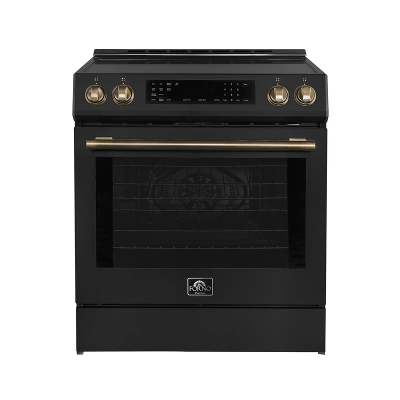 Forno Espresso 3-Piece Appliance Package - 30-Inch Induction Range, Refrigerator with Water Dispenser and Dishwasher in Black with Brass Handle