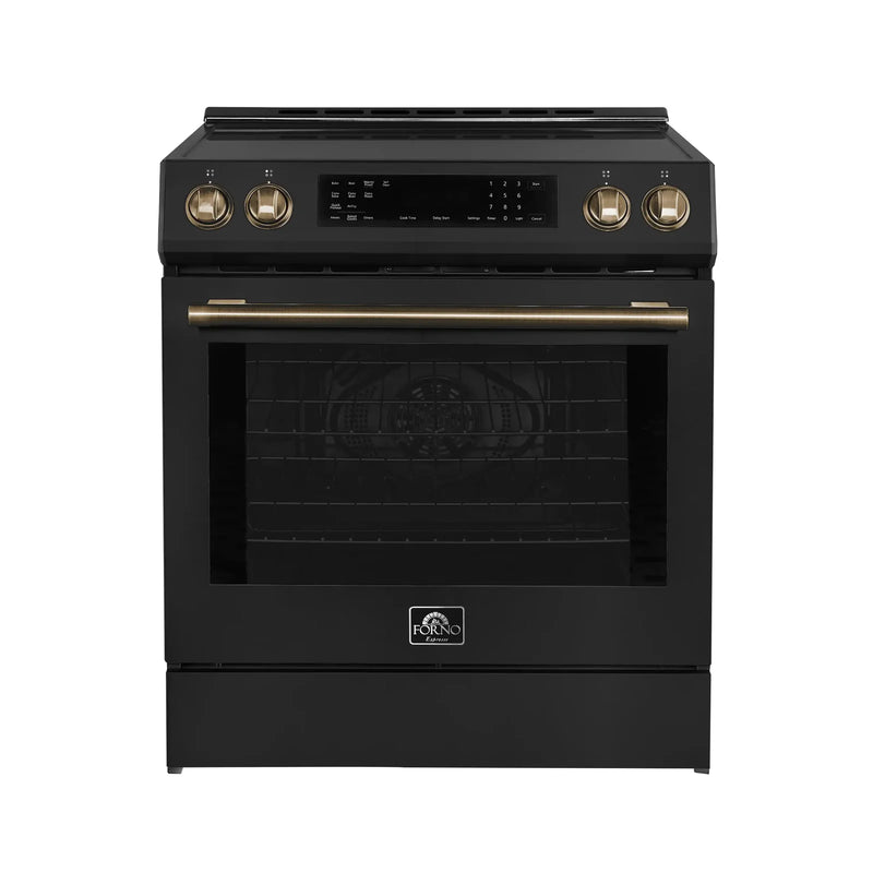 Forno Espresso 4-Piece Appliance Package - 30-Inch Induction Range, Under Cabinet Range Hood, Refrigerator with Water Dispenser and Dishwasher in Black with Brass Handle