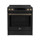 Forno Espresso 4-Piece Appliance Package - 30-Inch Induction Range, Under Cabinet Range Hood, Refrigerator and Dishwasher in Black with Antique Brass Trim