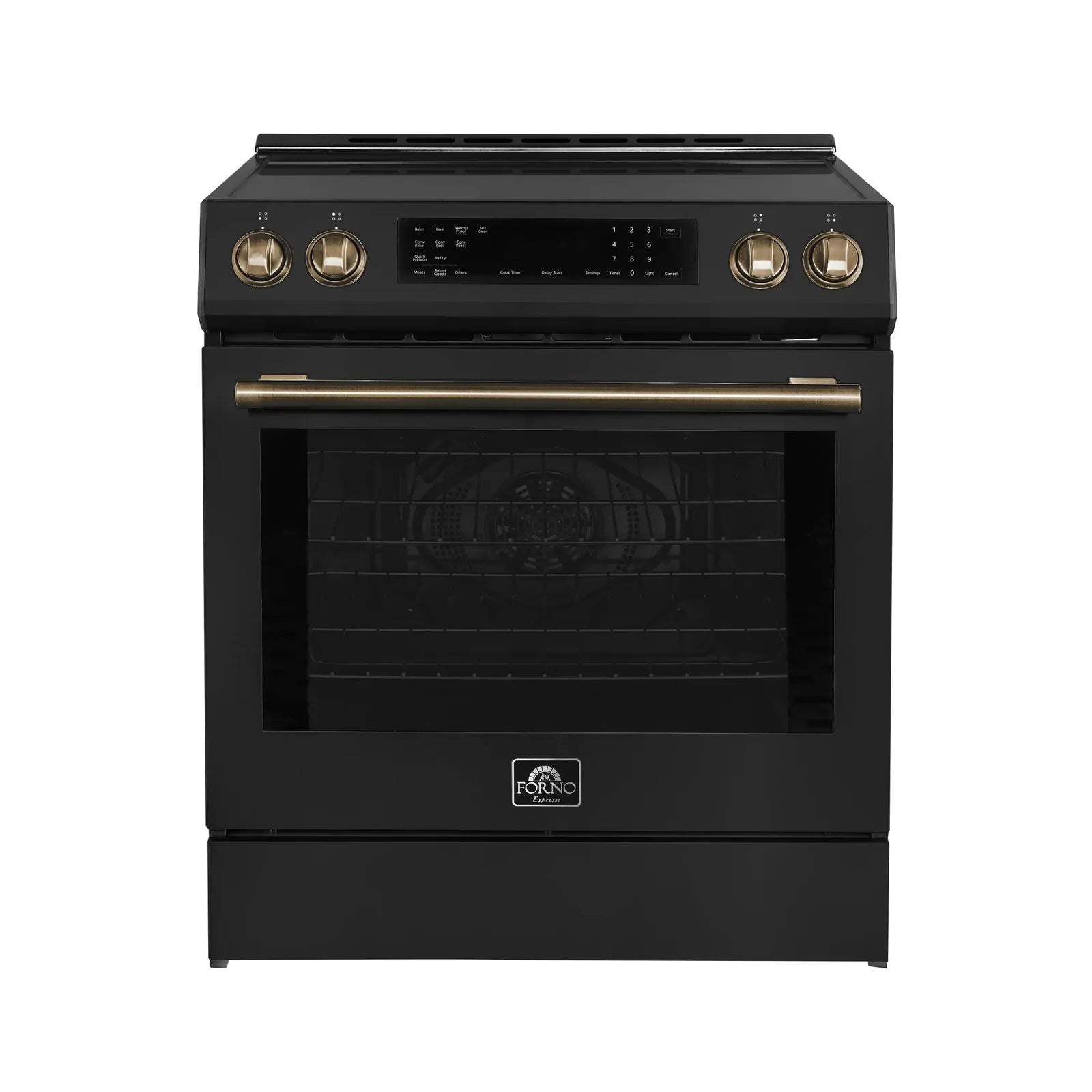 Forno black induction range with brass knobs and oven door front view