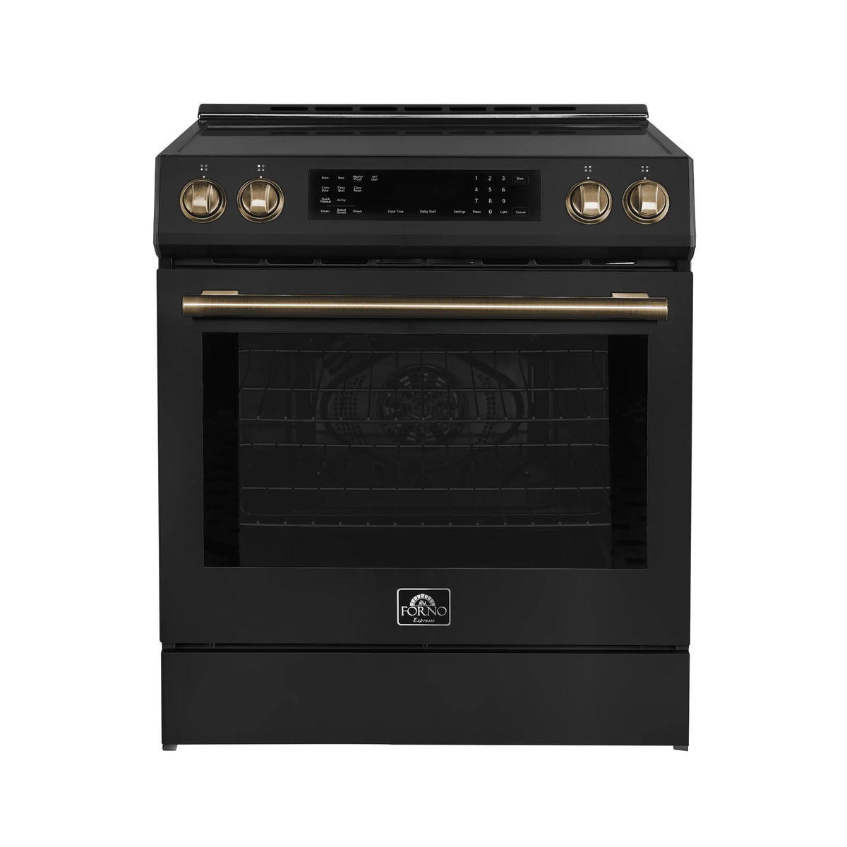 Black 30-inch induction range with glass oven door and control knobs, antique brass trim