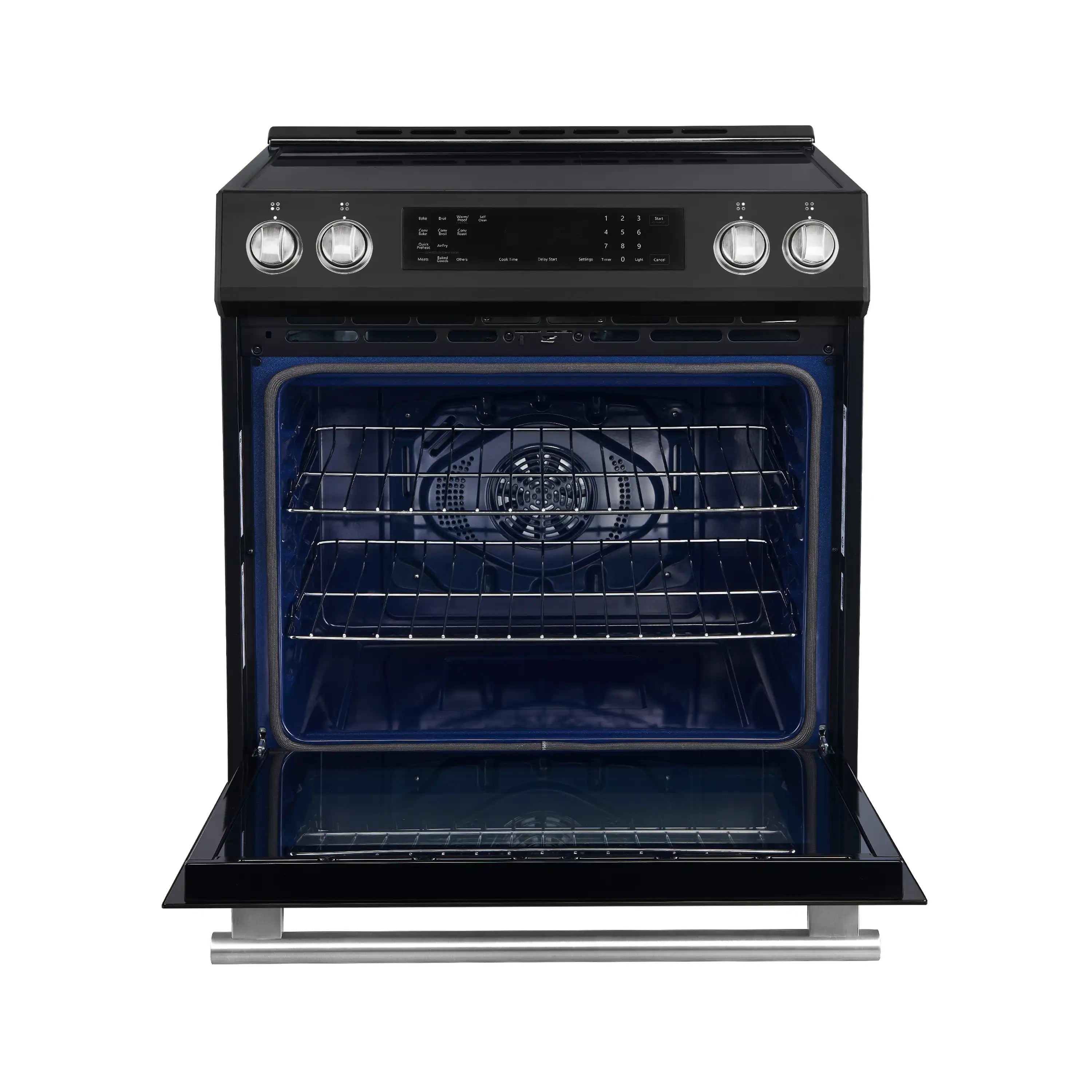Black 30-inch induction range with digital display, four knobs, stainless handle