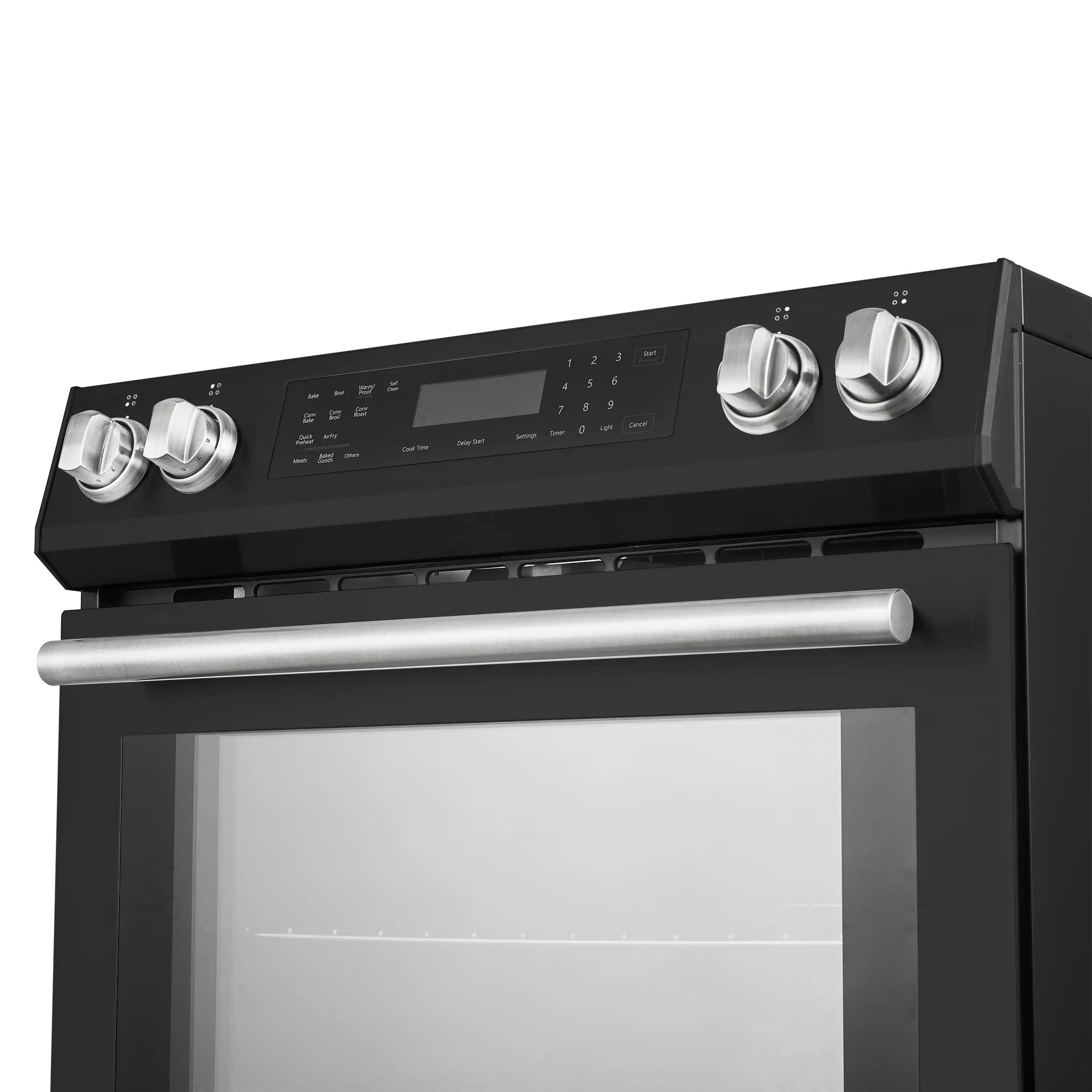 Black induction range with open oven door and front handle bar