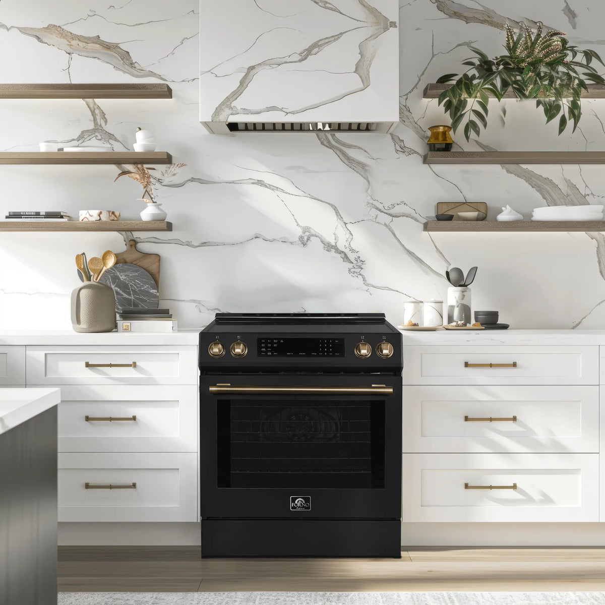Black induction range with brass knobs centered in kitchen cabinetry