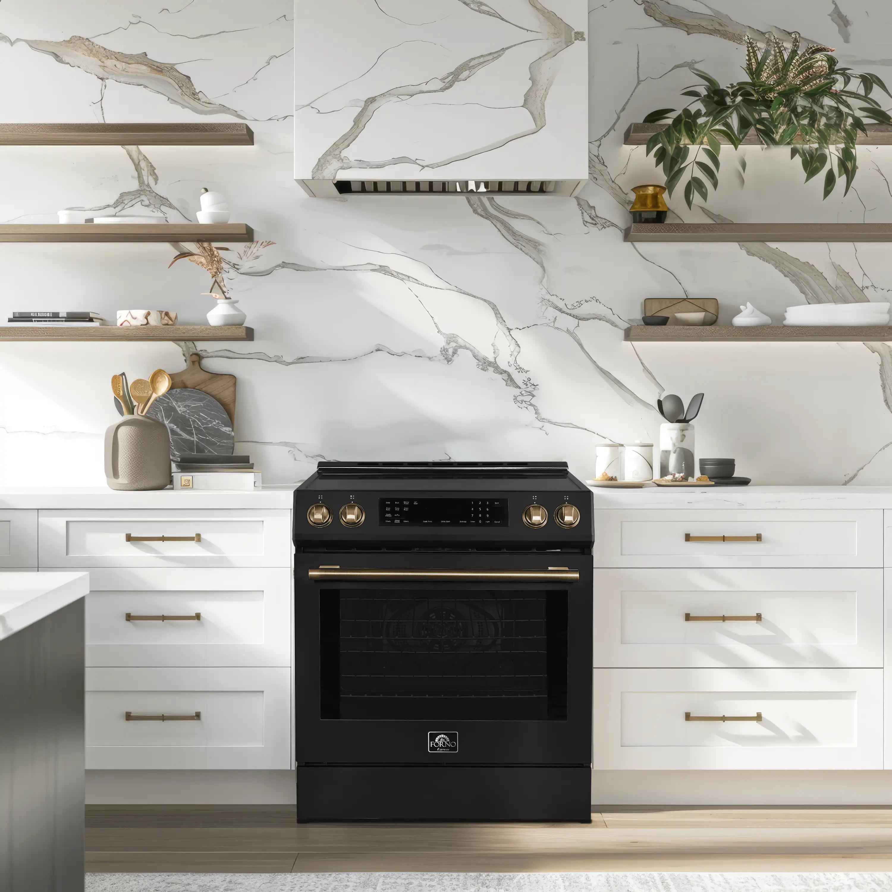 Black induction range with digital display and brass-trimmed controls in a kitchen setting