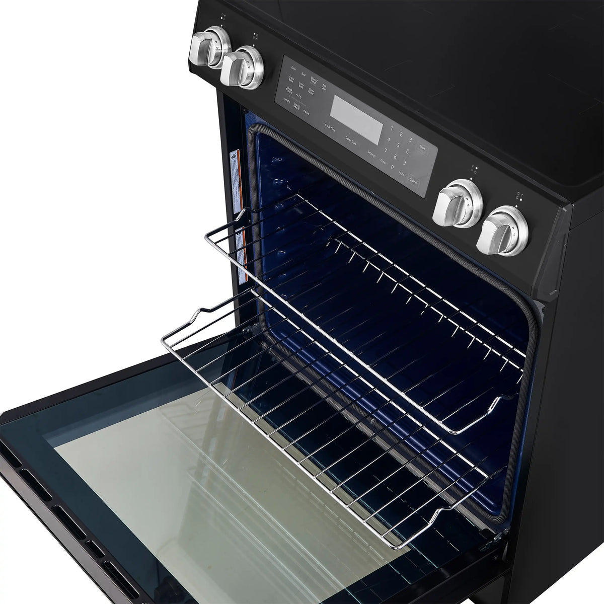 Black induction range oven cavity with wire rack and blue interior light.