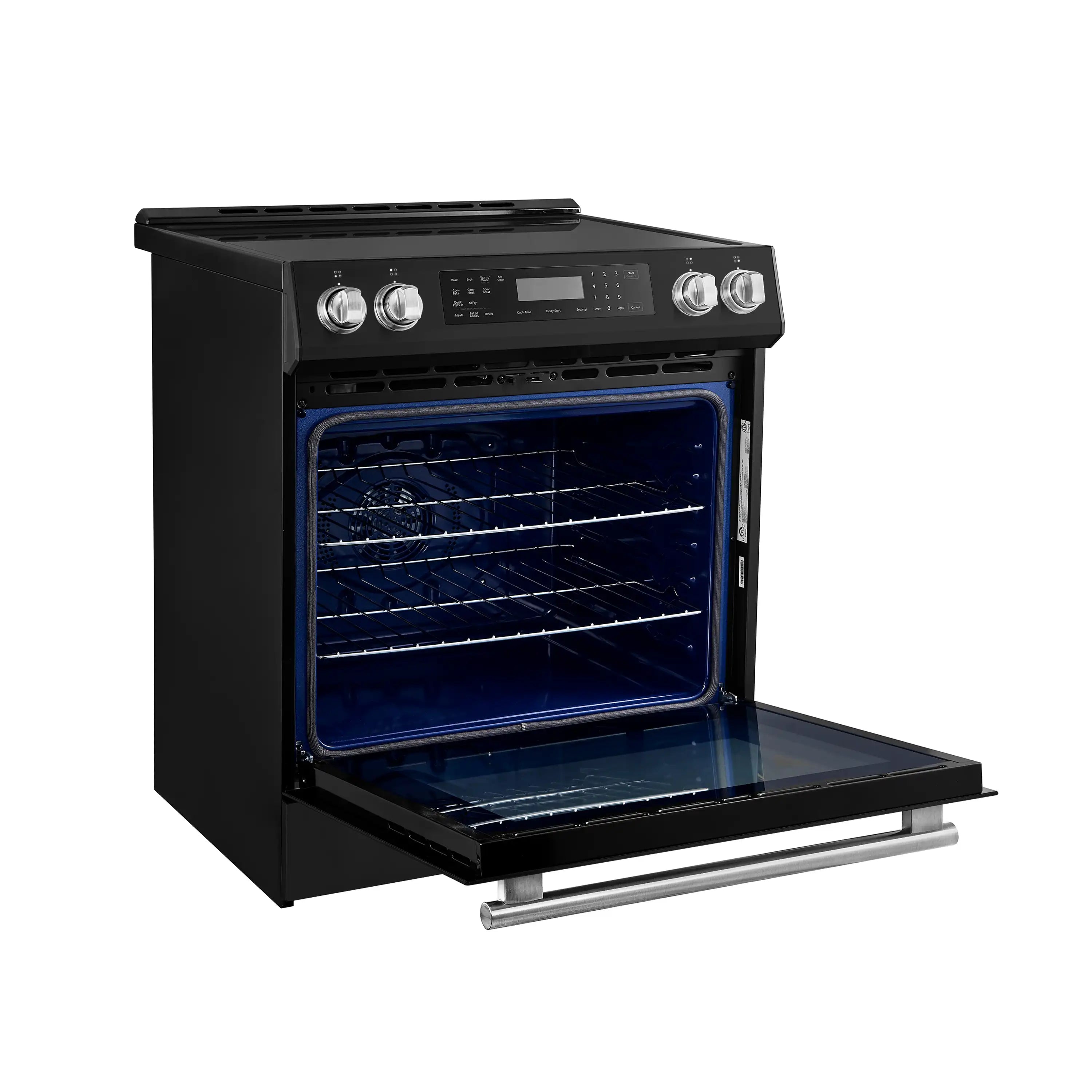 Black induction range with oven door open and wire racks inside