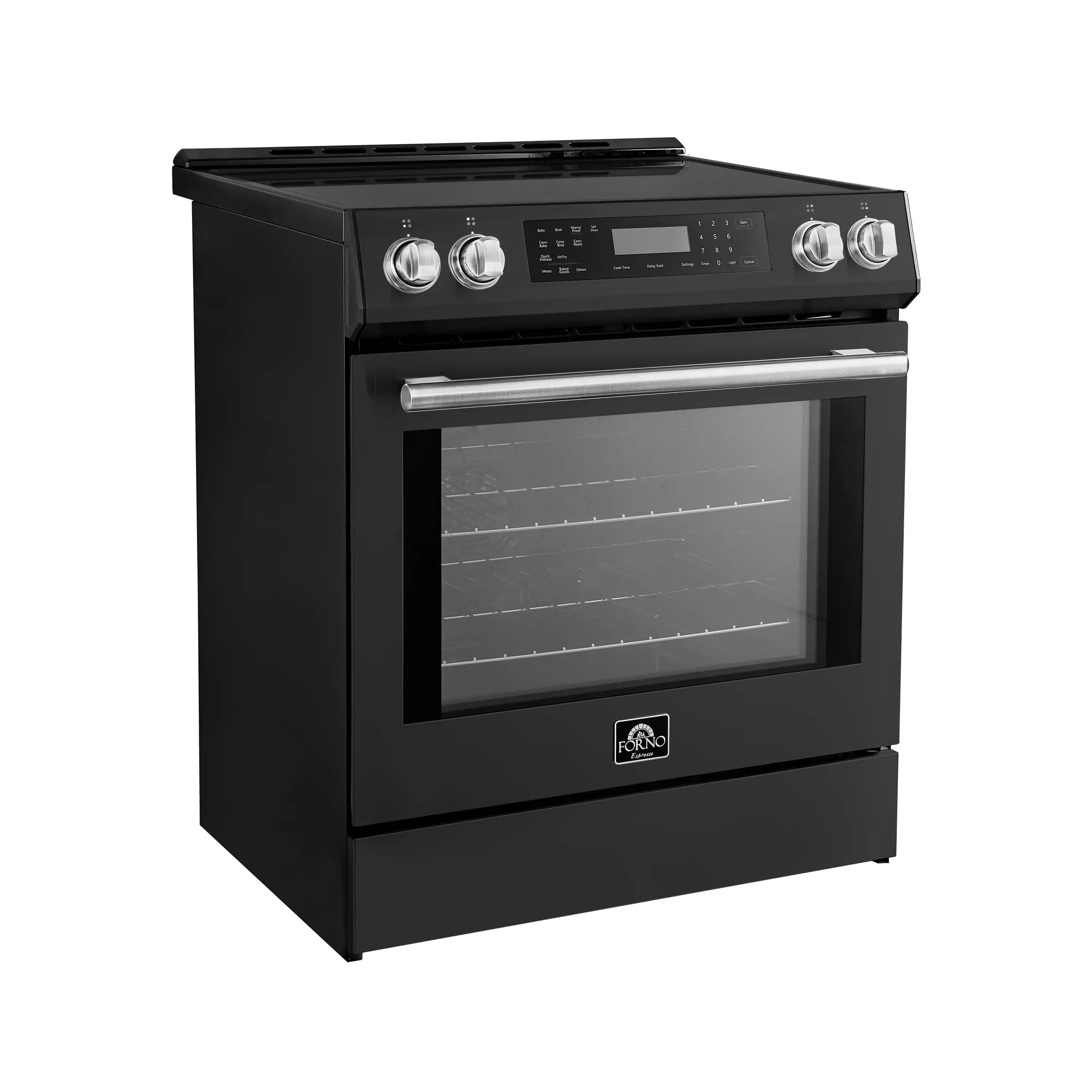 Black induction range with oven door closed and front control panel