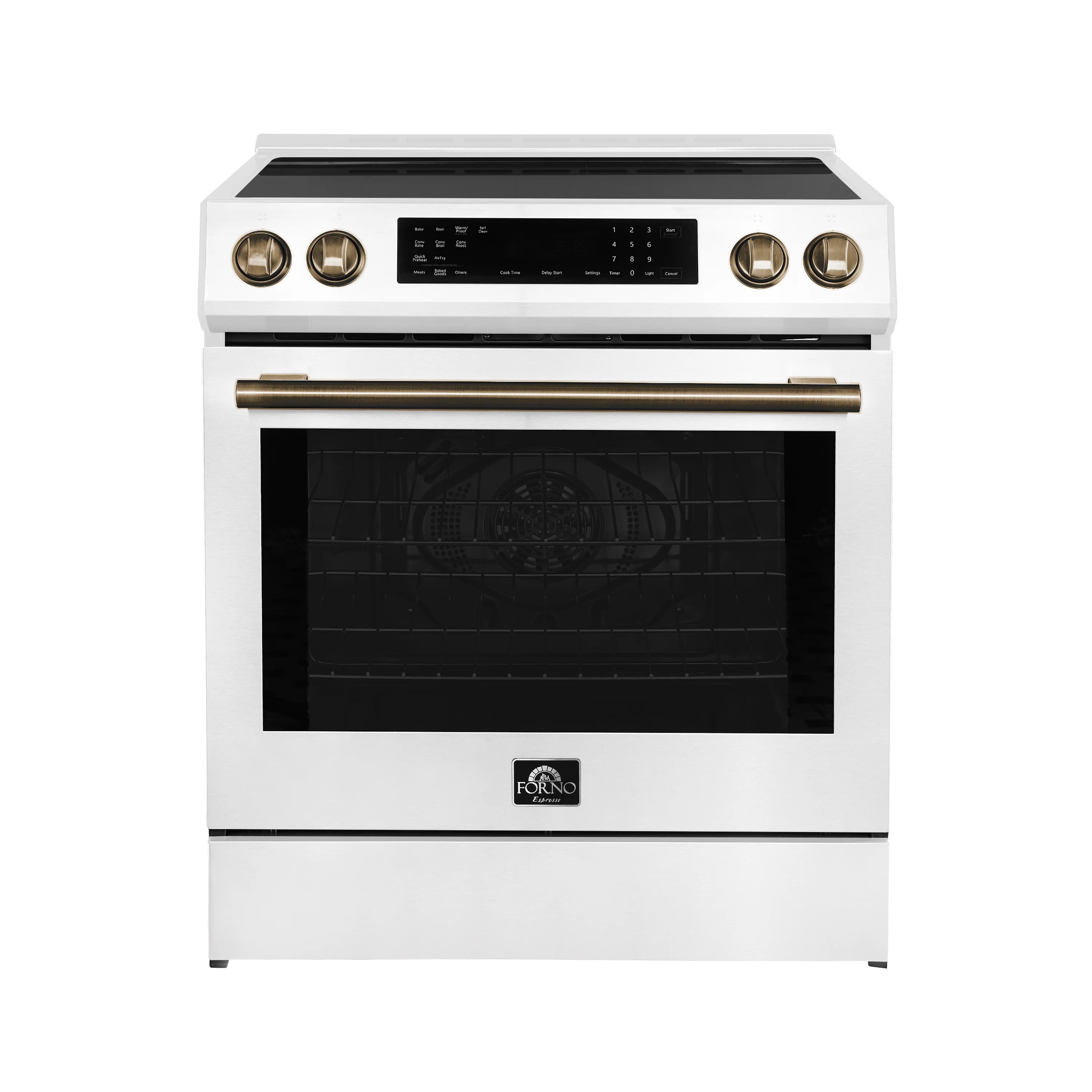 White induction range with digital display and antique brass knobs and trim, closed oven